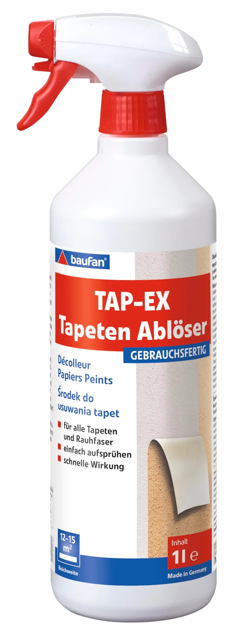 Baufan TAP-EX - Eliminador de papel pintado, 1 L, muy eficaz para todos los papeles pintados y fibras ásperas, sin disolventes, con fuertes propiedades de solución