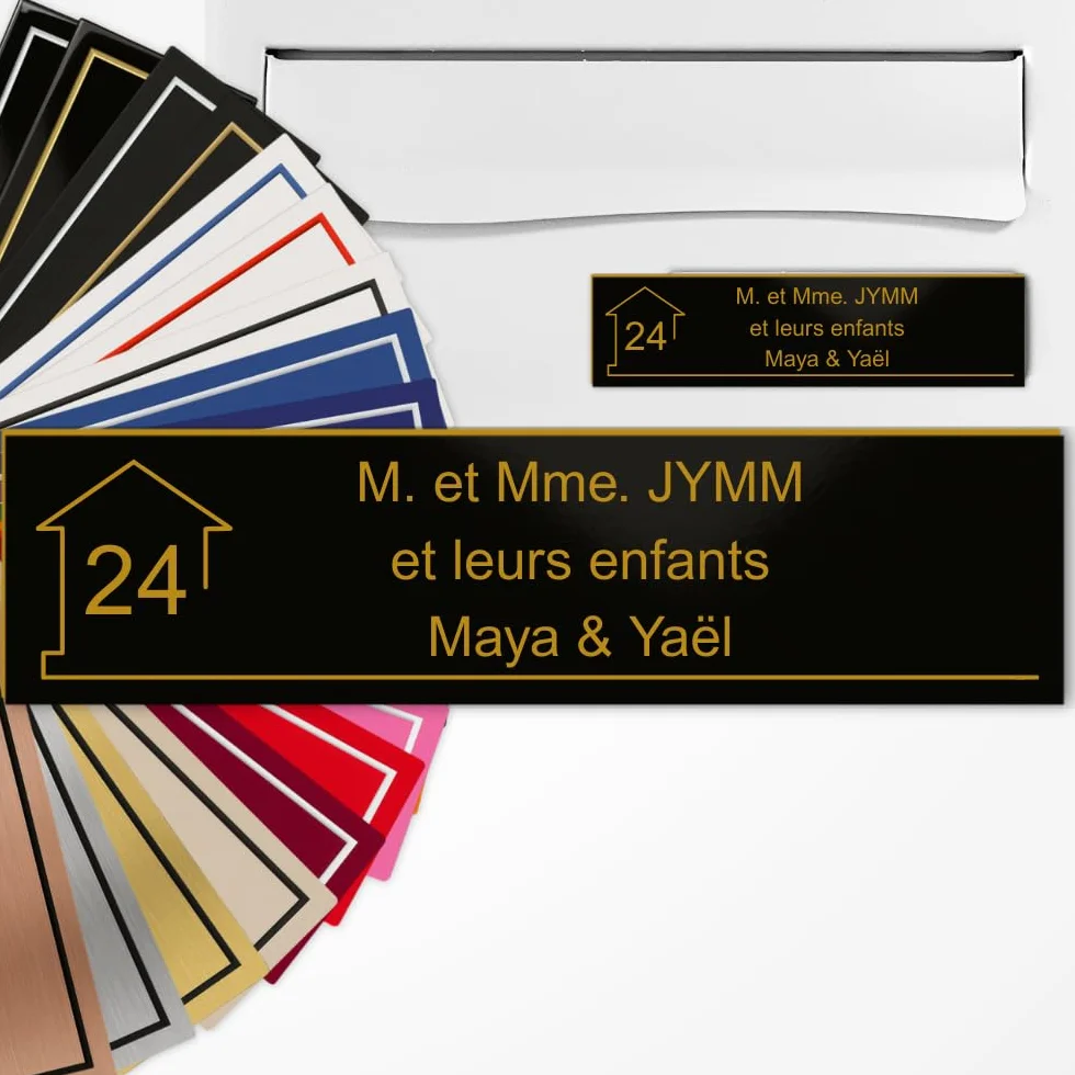 Placa de buzón personalizada, 10 x 2,5 cm, adhesivo de PVC, grabado láser, 22 colores, con o sin patrón (negro mate texto oro)