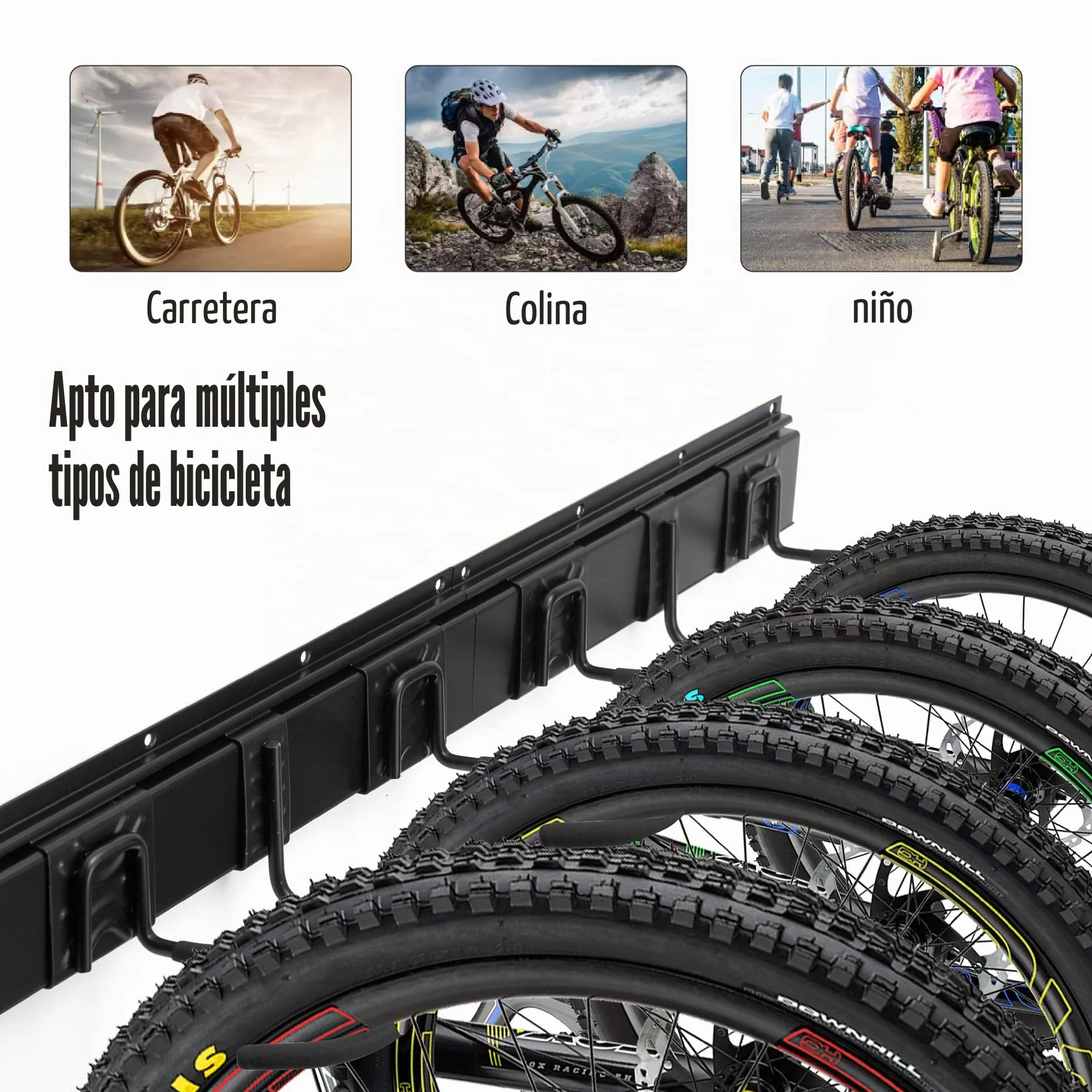 Sinoer Soporte de pared para bicicletas, soporte mural para 4 bicicletas + 2 cascos, colgador de pared resistente para bicicletas, gancho de acero macizo, 2 raíles de 16 pulgadas