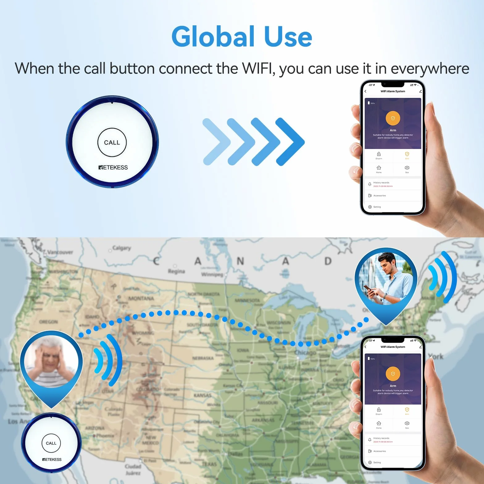 Retekess TH012 Botón de Llamada SOS Inteligente WiFi, Buscapersonas para Cuidadores, 2 Meses de Tiempo de Espera,1 Botón de Llamada para Personas Mayores, Pacientes Discapacitados
