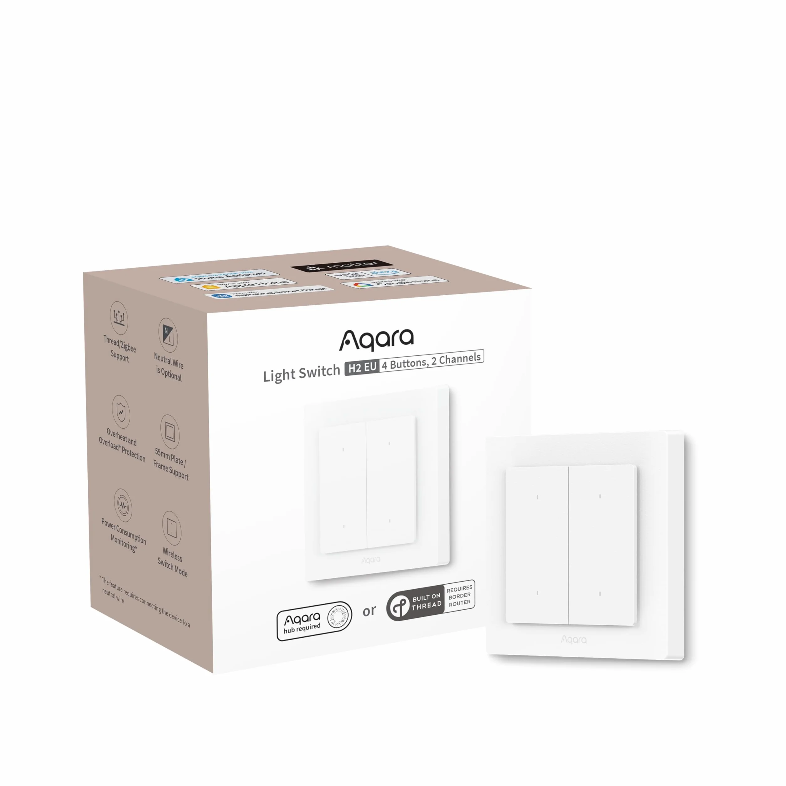 Aqara Interruptor de Luz Inteligente H2 UE (4 Elemento 2 Canales, 2 en 1 Neutro), Thread/Zigbee, Interruptor de Pared Inteligente con Matter over Thread, Compatible con Apple Home, Alexa, Google Home