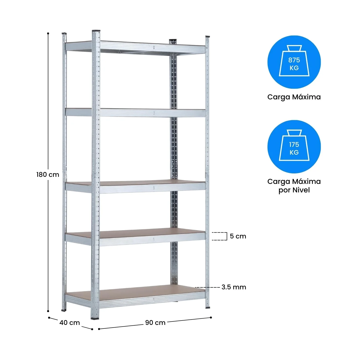 7H Seven House - Estantería Modular Almacenaje (Pack 2), Acero Galvanizado y MDF Antihumedad, Hogar, Trastero, Garaje, 5 Baldas Ajustables, Carga Máxima 875Kg, 90x40x180cm (Largo x Ancho x Alto)