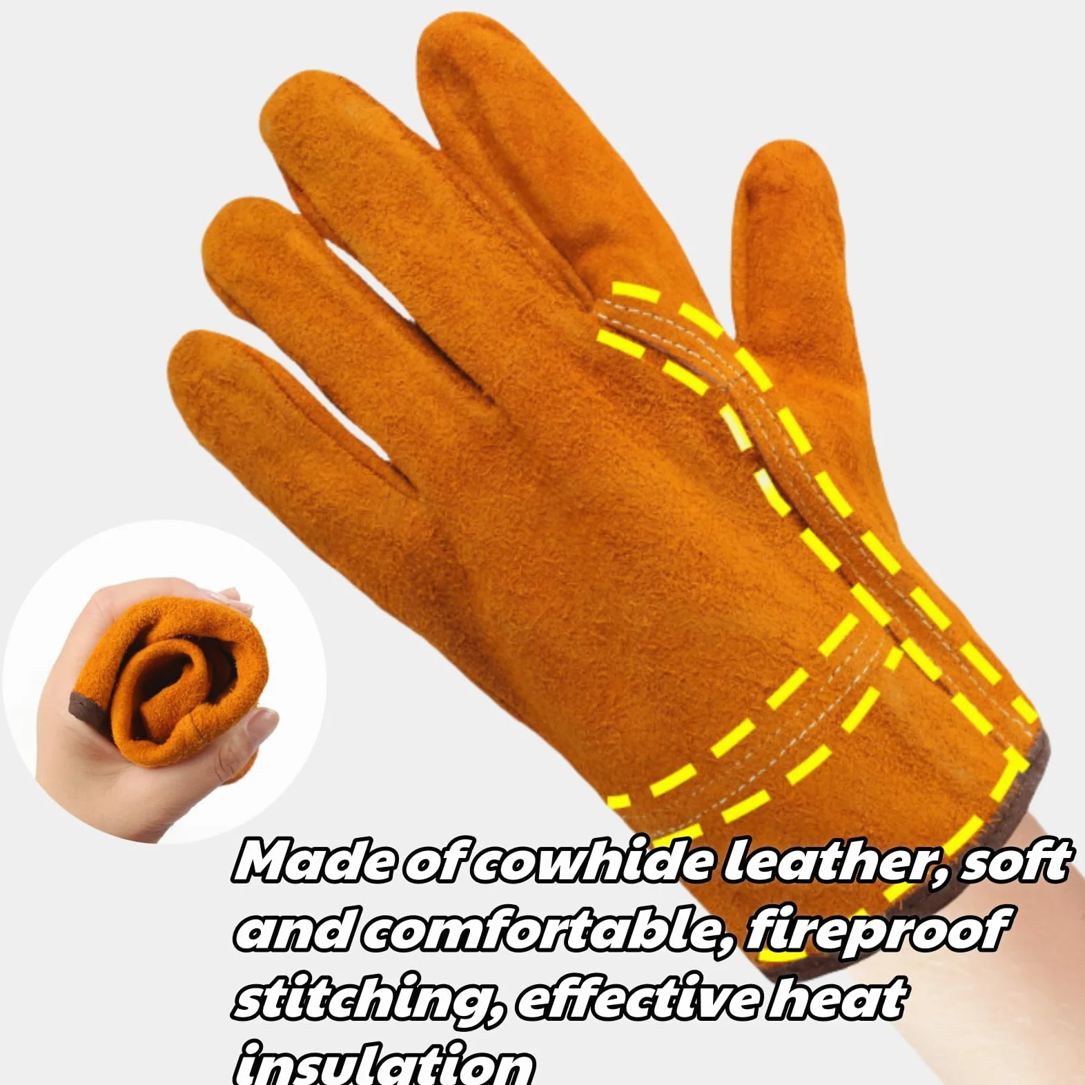 Tokaneit 2 Piezas Guantes Soldador Profesionales, Guantes Jardinería Cuero, Guante Cuero Soldadura, Doble Costura en Los Dedos, para Soldar Electrodo, Barbacoas, Jardinería, Amarillo