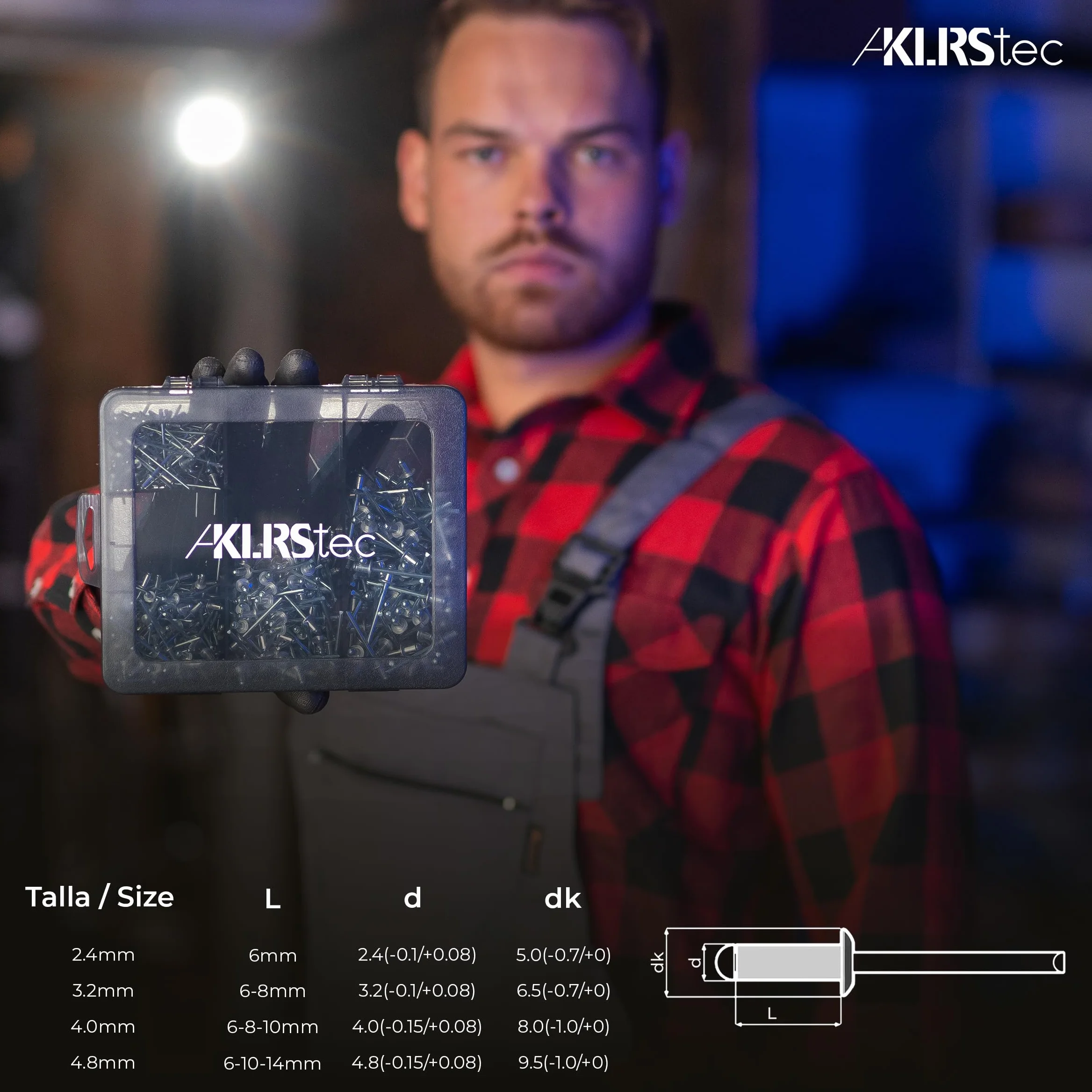 KLRStec Profesional Juego de Remaches Ciegos 500 Piezas de Aluminio y Acero para Remachadora – 125 Piezas de Cada Tamaño 2,4 mm, 3,2 mm, 4,0 mm y 4,8 mm