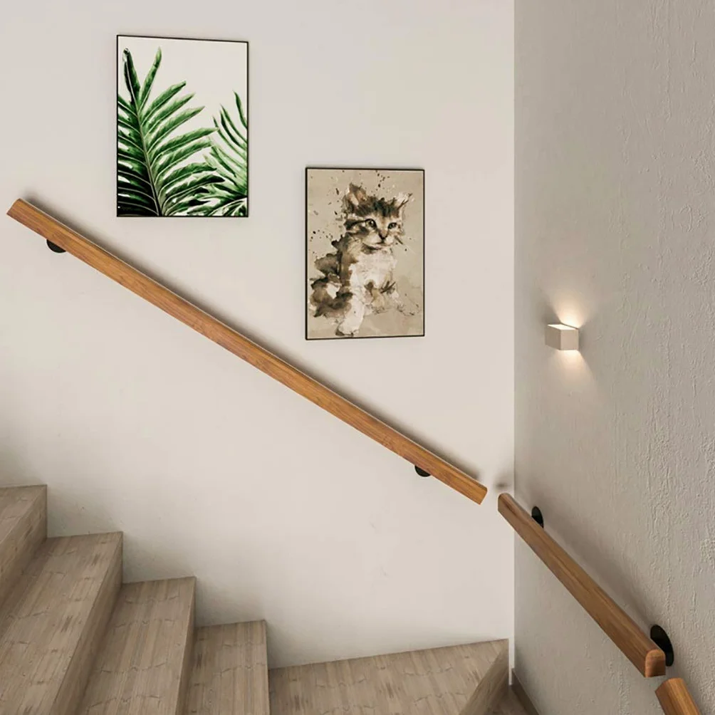 Barandilla de escalera universal para exterior, interior, barandilla de escalera de madera antideslizante, kit completo, con 2 soportes fijos de hierro, barra de soporte para pasillo de barandil