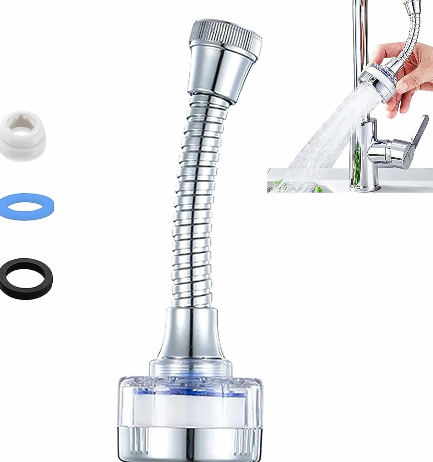 Filtro Purificador de Agua para Grifo 360° Rotatorio - Para Cocina y Baño, con Tubo Extensible, Elimina Cloro, Fluoruro, Metales Pesados y Cal (Agua Dura)