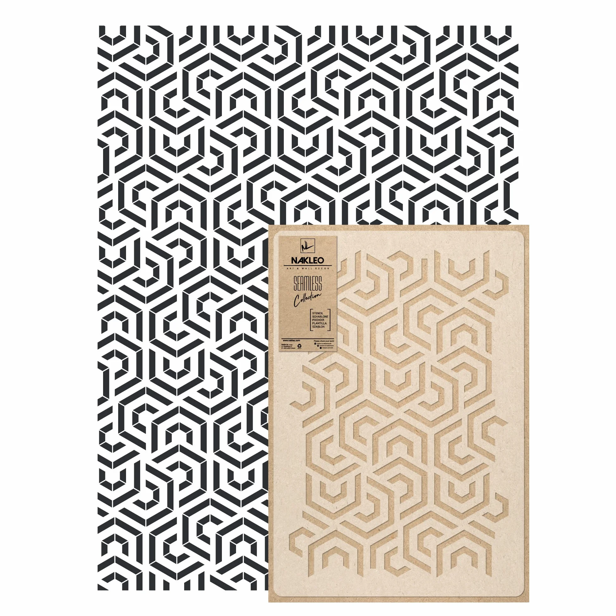NAKLEO Plantillas para Pintar Paredes Grandes 59x95cm, Remolino Hexágono Patrón, Stencil Plástico y Reutilizable, Geométrico Papel Pintado, Dibujo Manualidades DIY Casa Decoración