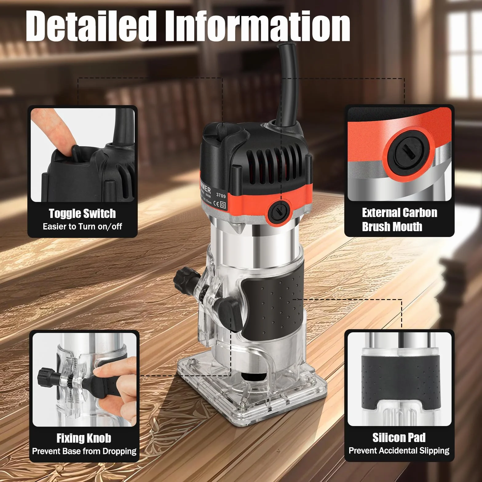 Fresadora de cantos, fresadora manual eléctrica de 800W, 30000 rpm, con carcasa de aluminio para trabajar la madera