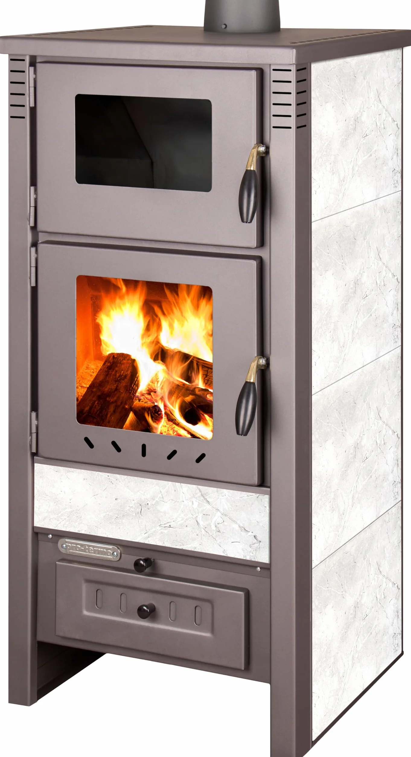 Estufa de leña Bio Leña Sile con horno, Cerámica Blanca, 12 kw, 60-80 m², 82% eficiencia