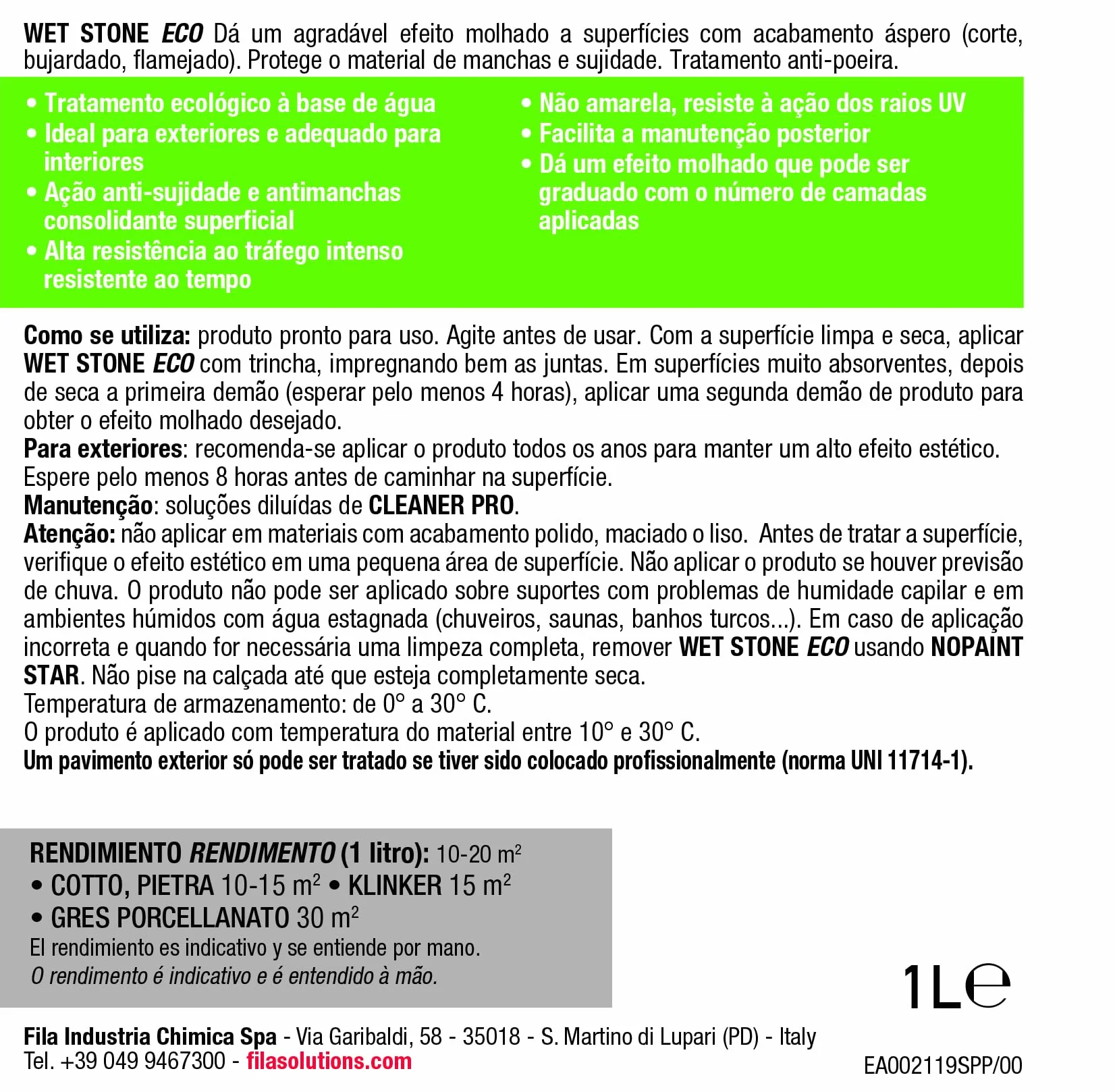 FILA Surface Care Solutions, WET STONE ECO, Protector de Piedras Naturales a Efecto Mojado, Hidrofugante Piedra, Repelente de Manchas y Suciedad,Suelos Interiores y Exteriores, Base Acuosa, 1L