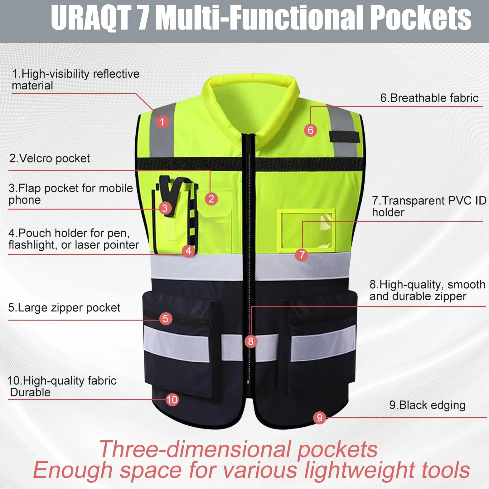URAQT Chaleco Reflectante Homologado, Chaleco Reflectante de Seguridad, Chaleco Trabajo 7 Bolsillos con Cremallera, Chaleco de Seguridad de Alta Visibilidad para Limpiadores Trabajadores, Unisex, L