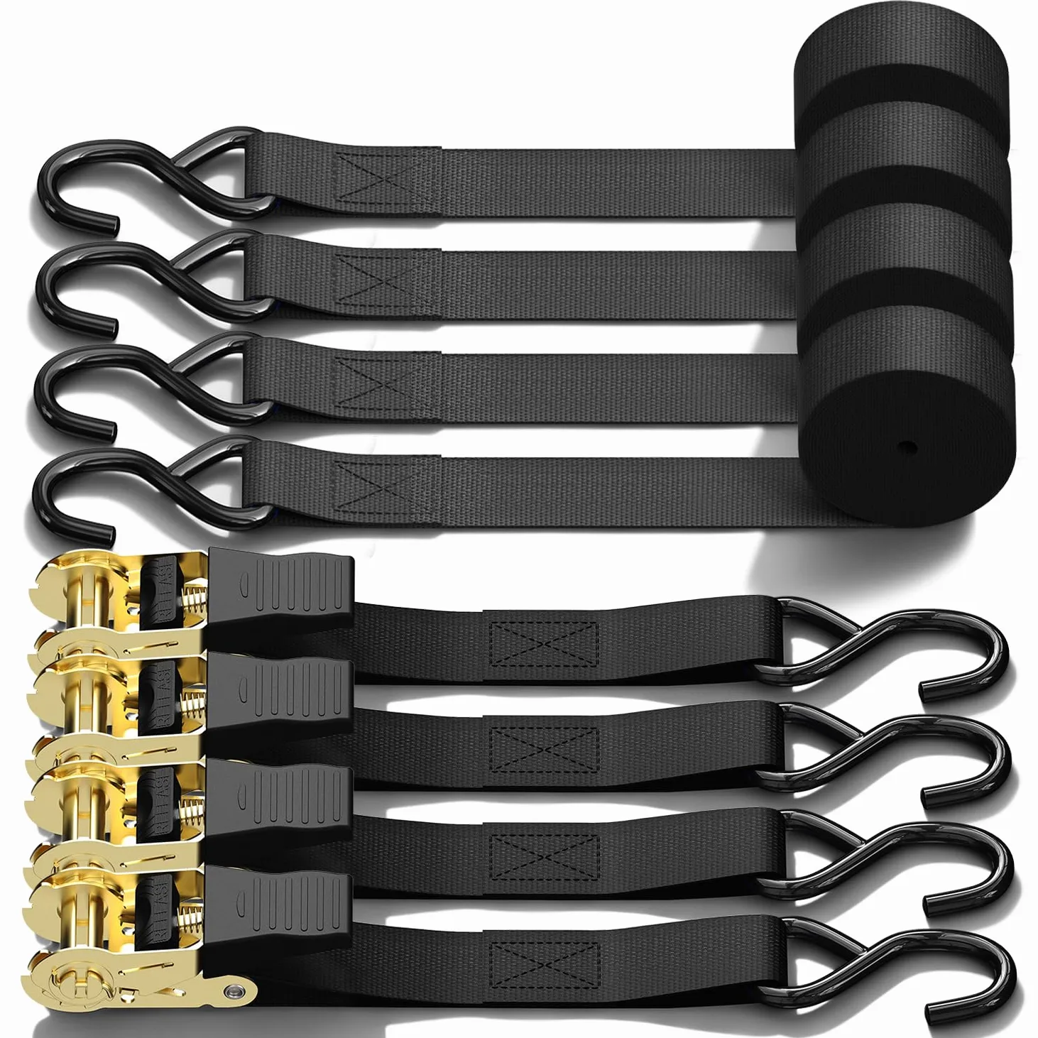 Correa para trinquete Paquete de 4, Ohuhu 4,6m Correas de tensión con trinquete cinchas de Amarre 680 kg al Rompimiento, Set de Correas de Amarre con Tensor de Trinquete con Ganchos de Acero, Negro