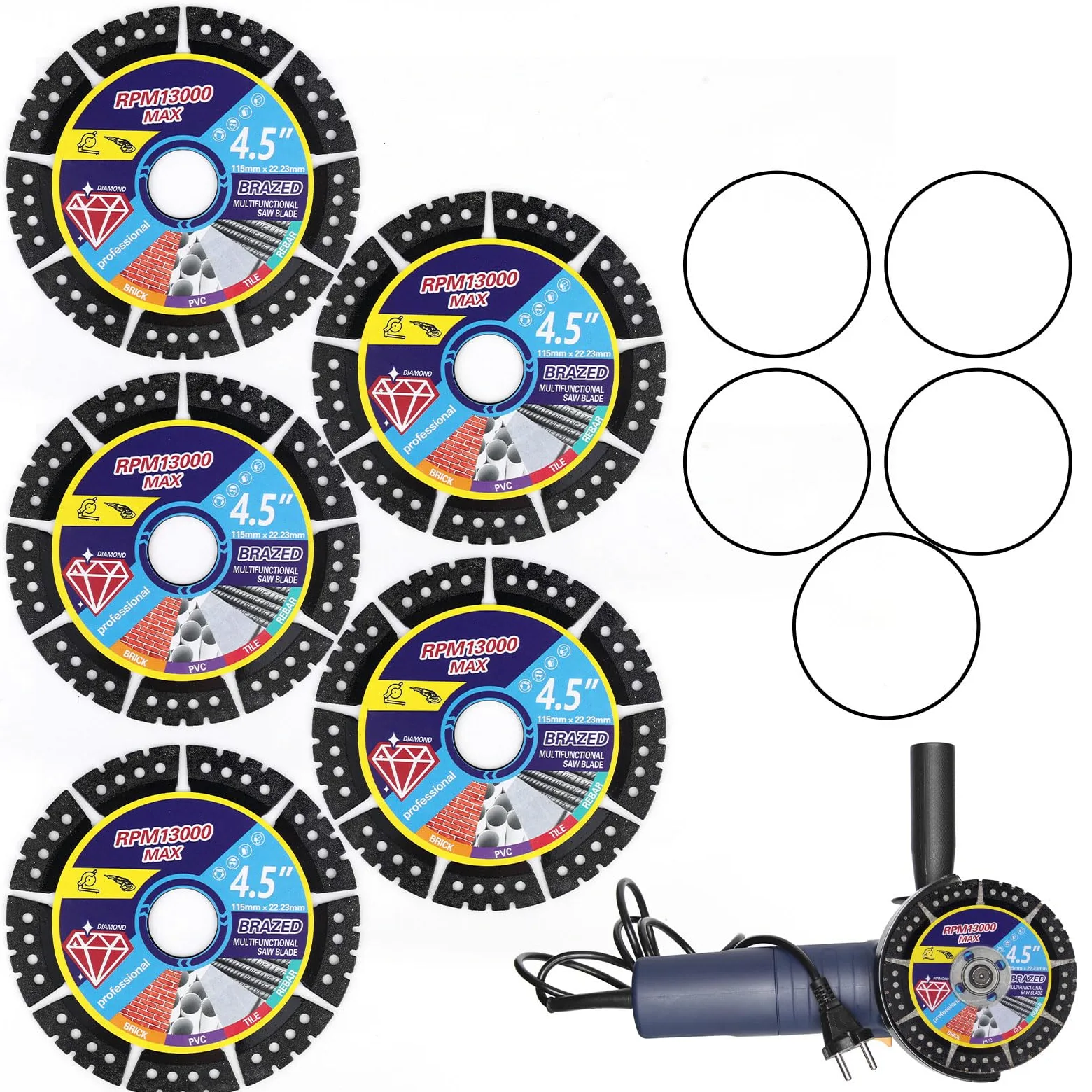 5uds Hojas Sierra Diamante 115mm para Amoladora, Disco Corte Diamante Multiuso para Baldosa Cerámica Vidrio Piedra Metal & Plástico Corte Húmedo o Seco con 5 Anillos Adaptadores
