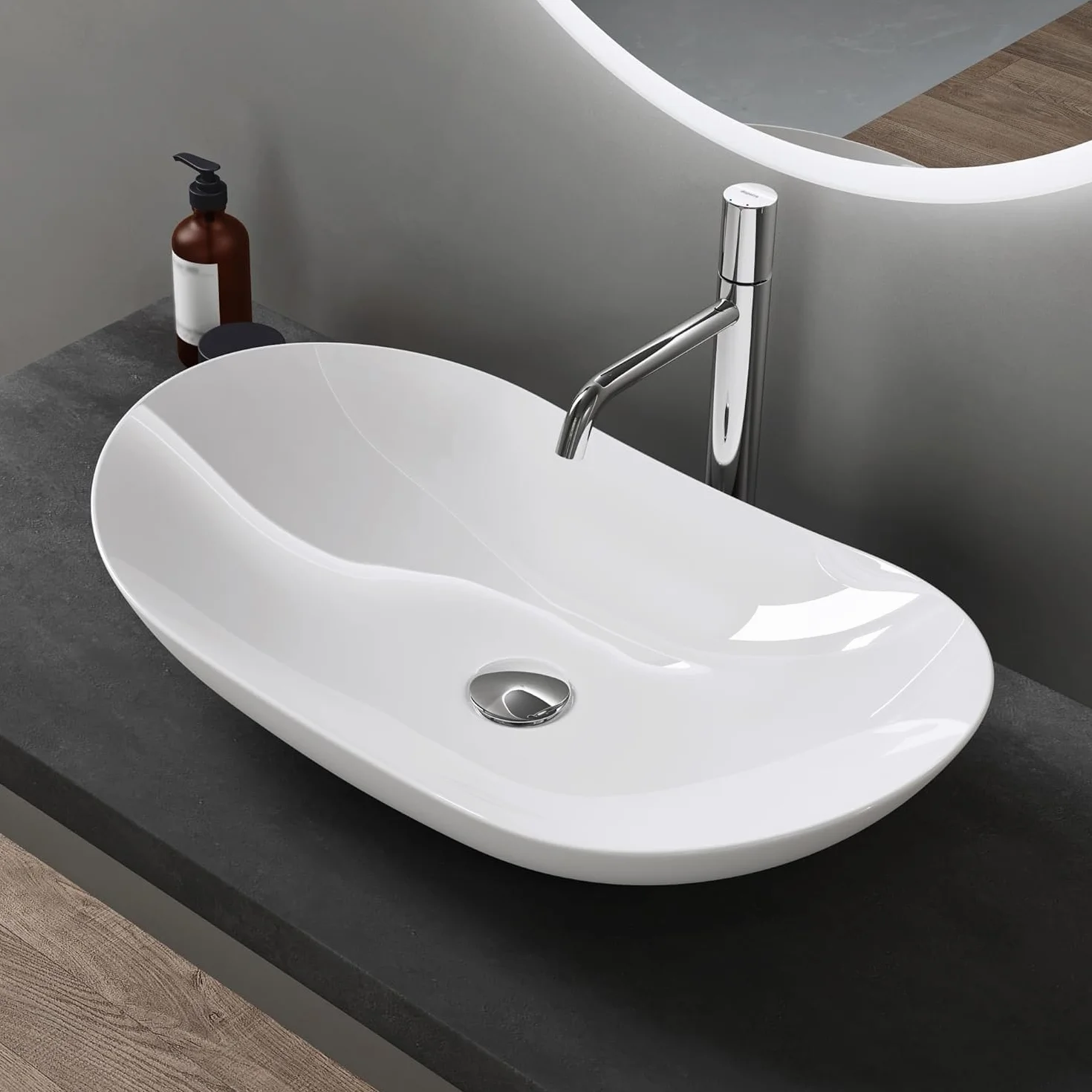 doporro Lavabo sobre Encimera Blano Brillante de Cerámica 63x37x14cm Lavabo de Mano Ovalado Brüssel858