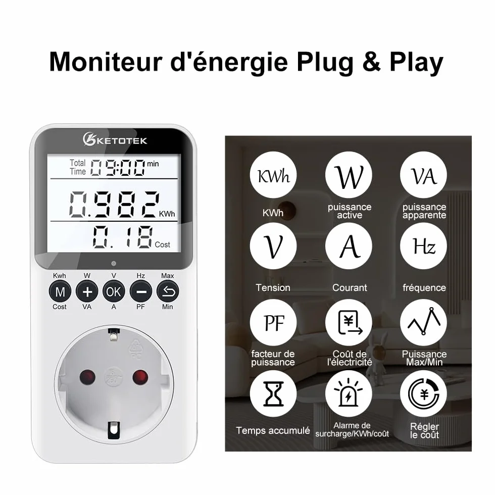 KETOTEK Medidor de Consumo Electrico, Enchufe Monitor de Electricidad con Pantalla LCD Retroiluminada, Medidor de Costo de Electricidad Medidor de Energía con 3680W Protección contra Sobrecarga