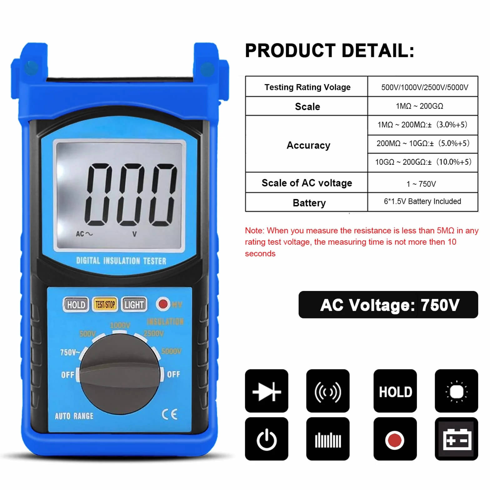 Megaohmímetro Probador de Resistencia de Aislamiento 1mΩ-200GΩ 5000V Multímetro AC 1V-750V LCD Retroiluminación