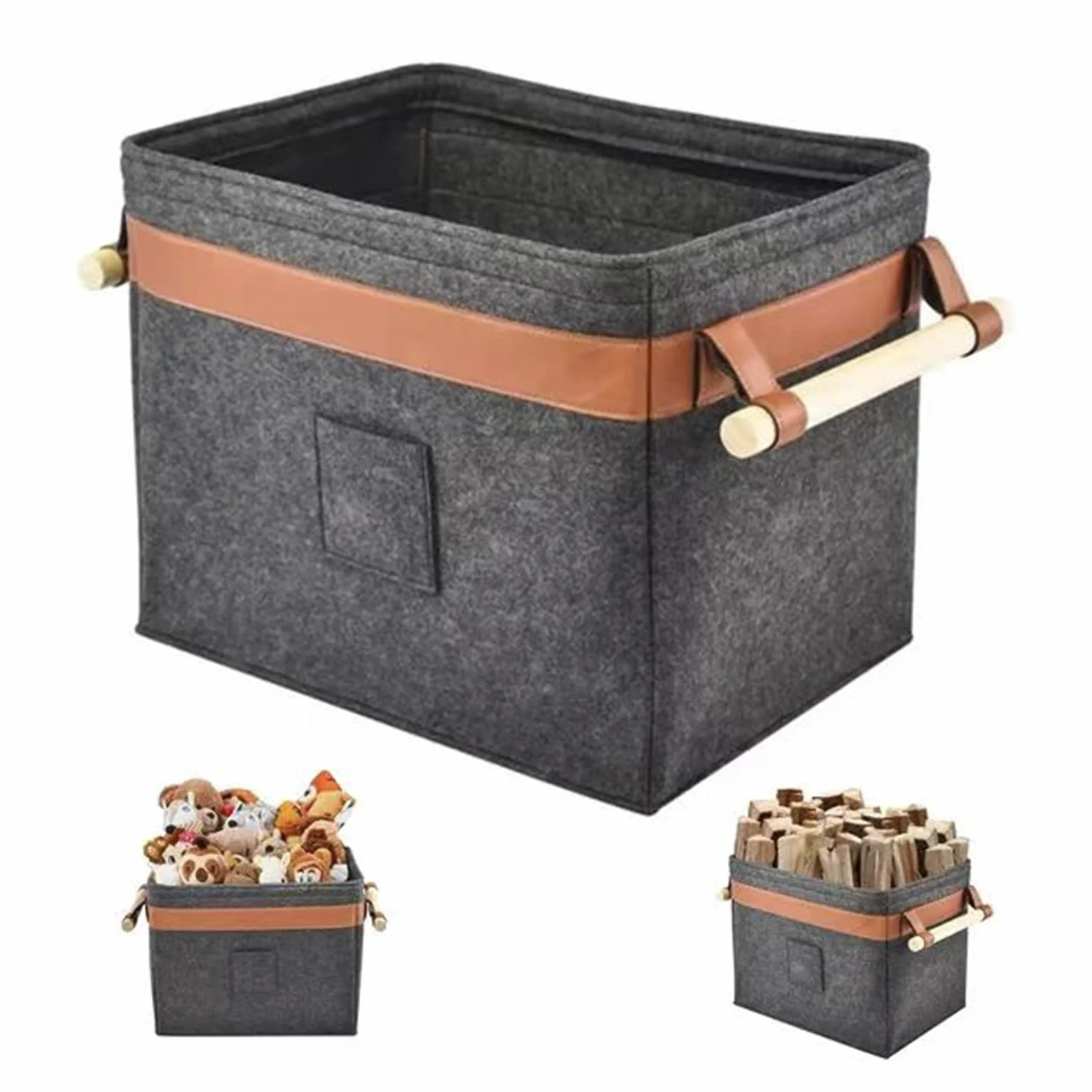 Cesto para Leña Cesta de Fieltro para Leña, Estructura de Metal Integrada Para Mayor Estabilidad Cesta para Leña, 5MM Fieltro de Espesor, Bolsa para Libros, Ropa y Juguetes