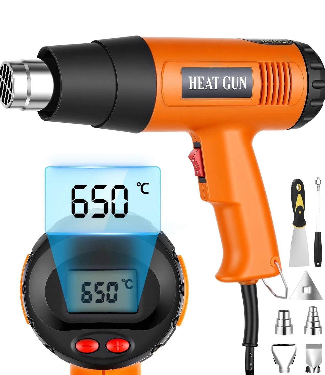 Pistola de Aire Caliente 2000W, Pistola de Calor Temperatura Variable de 50℃ a 650℃, 2 Velocidades de Aire Calentamiento Rápido, Protección Contra Sobrecarga, Pistola Calor con 7 Accesorios