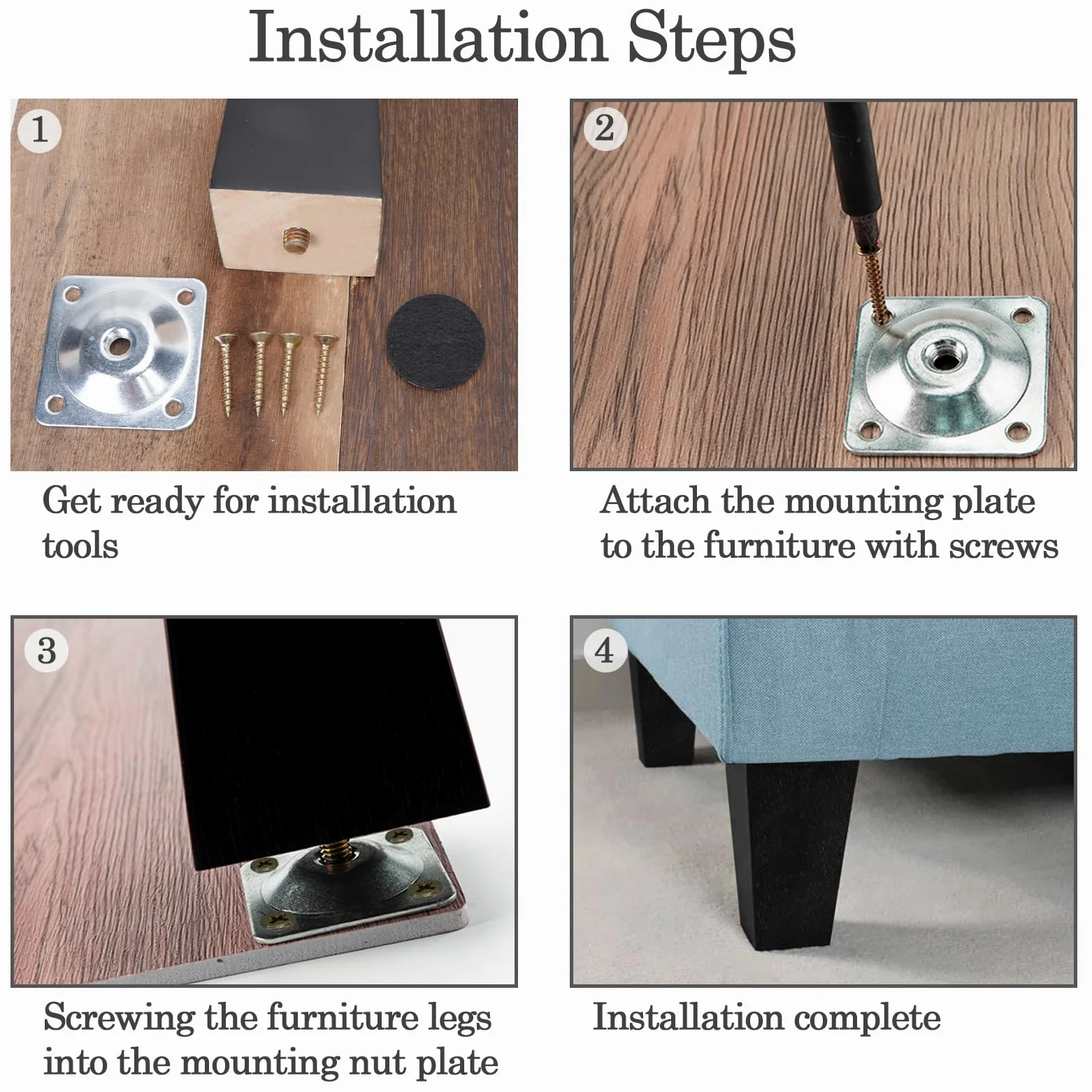 4 Piezas Patas para Muebles Madera Negro 20cm con Placa de Montaje Tornillos y Protectores de Suelo Pies para Muebles Cuadradas para Mesa de Té Sofá Cama Cajonera Mueble TV