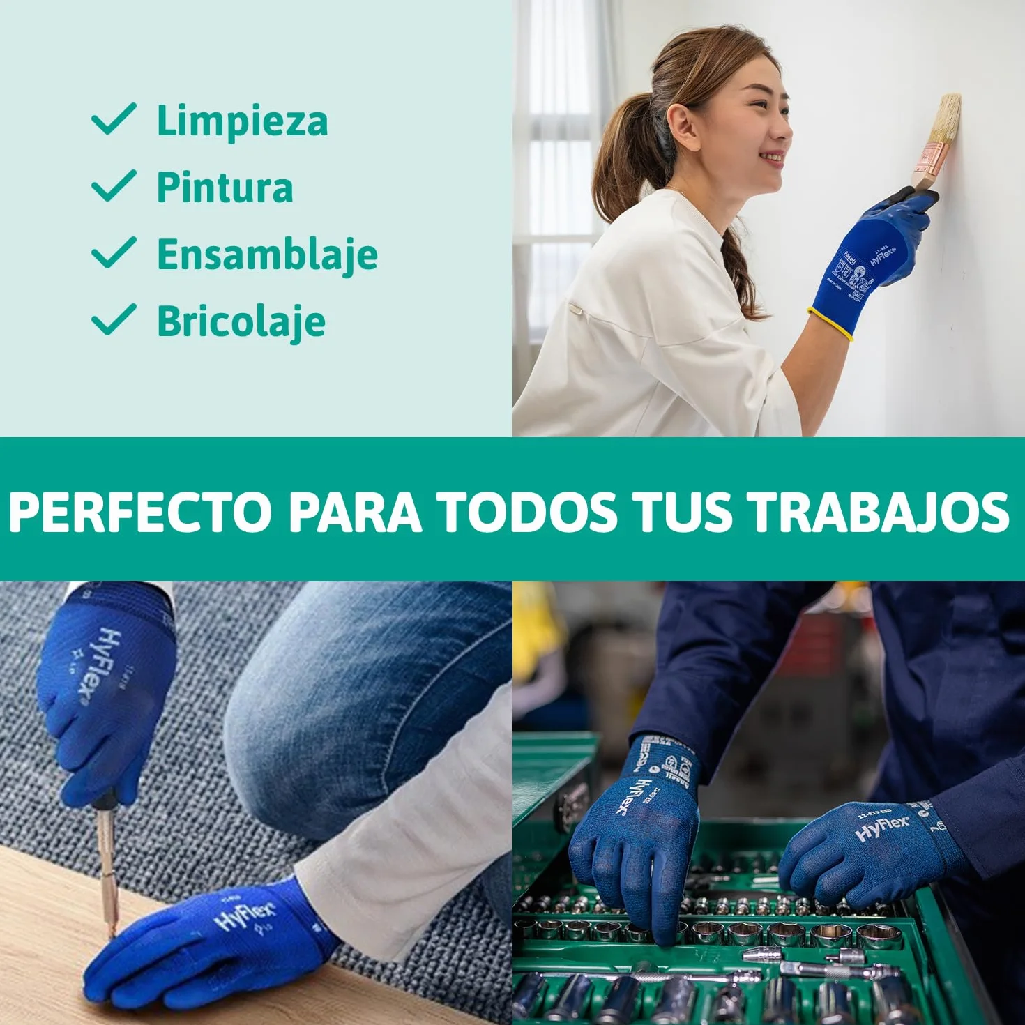 Ansell HyFlex 11-819 Guantes Trabajo Electricista Nitrilo ESD Antiestatico Touchscreen Azul Talla L 12 Pares