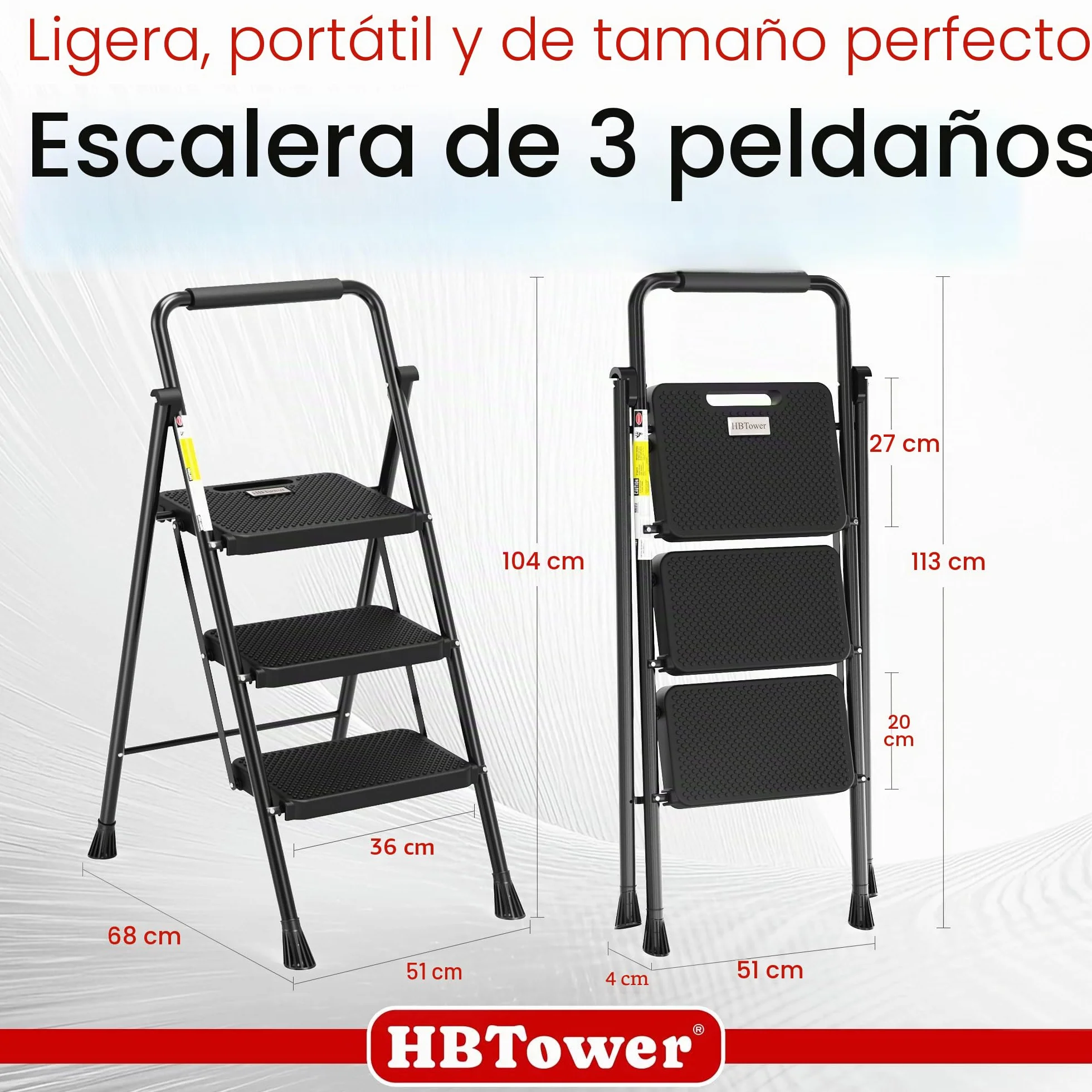 HBTower Escalera 3 Peldaños Plegable, Peldaños Antideslizantes con Asas Cómodas, Escalera Portátil de Acero, Negra