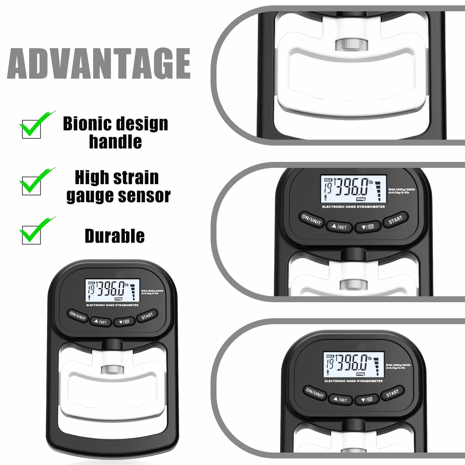 Medidor de fuerza digital manual, 396 lb/180 kg, color negro, dinamómetro de mano con cable de carga USB, gran pantalla LED
