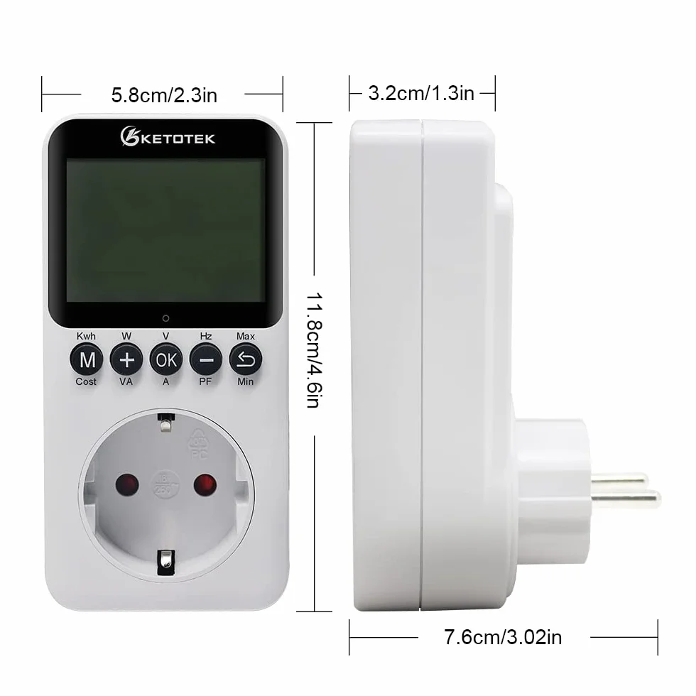 KETOTEK Medidor de Consumo Electrico, Enchufe Medidor de Energía con Pantalla LCD, Reteción de Datos Medidor de Costo de Electricidad 3680W Protección contra Sobrecarga