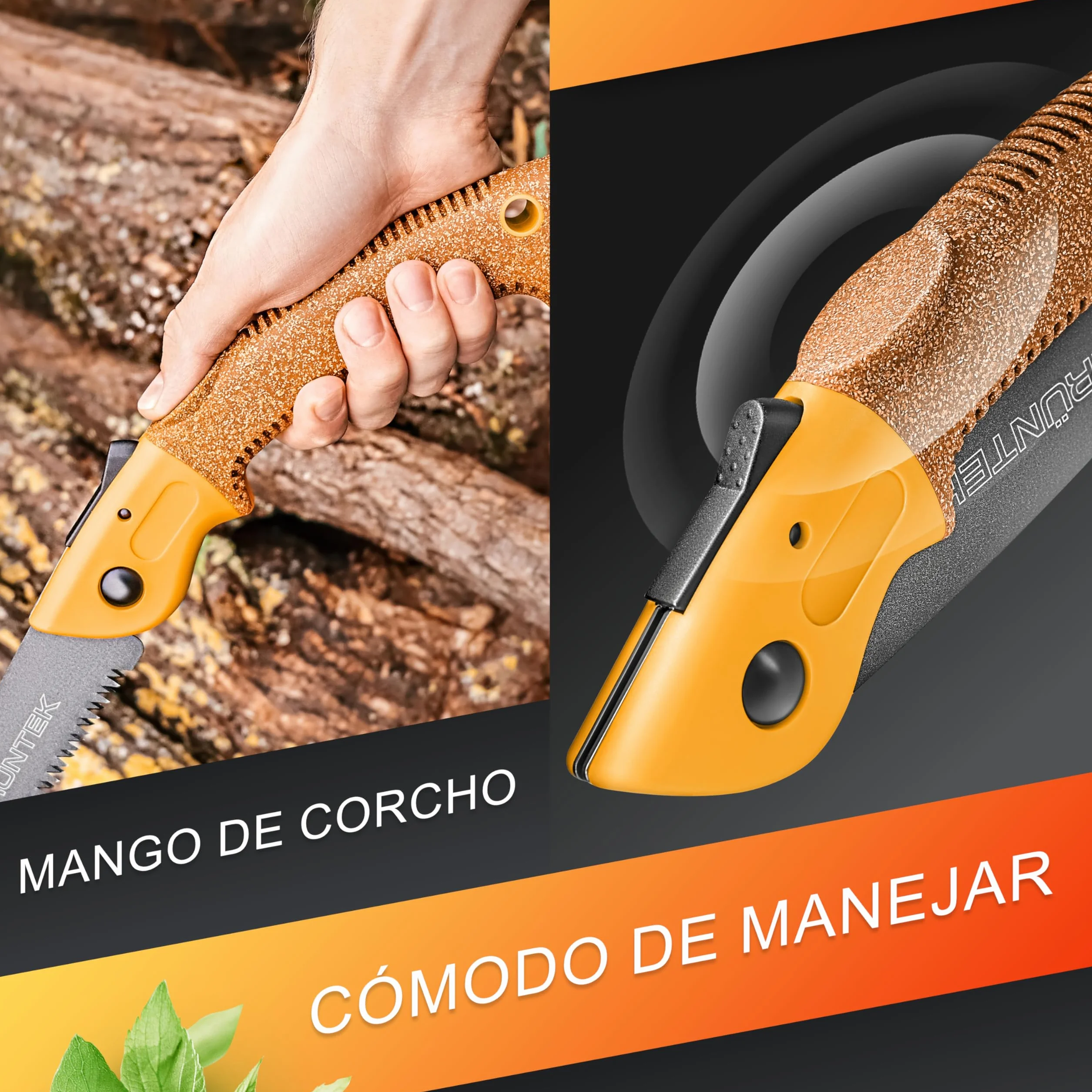 GRÜNTEK Sierra Plegable de Poda 180 mm Mango de Corcho Hoja de TEFLON y Acero