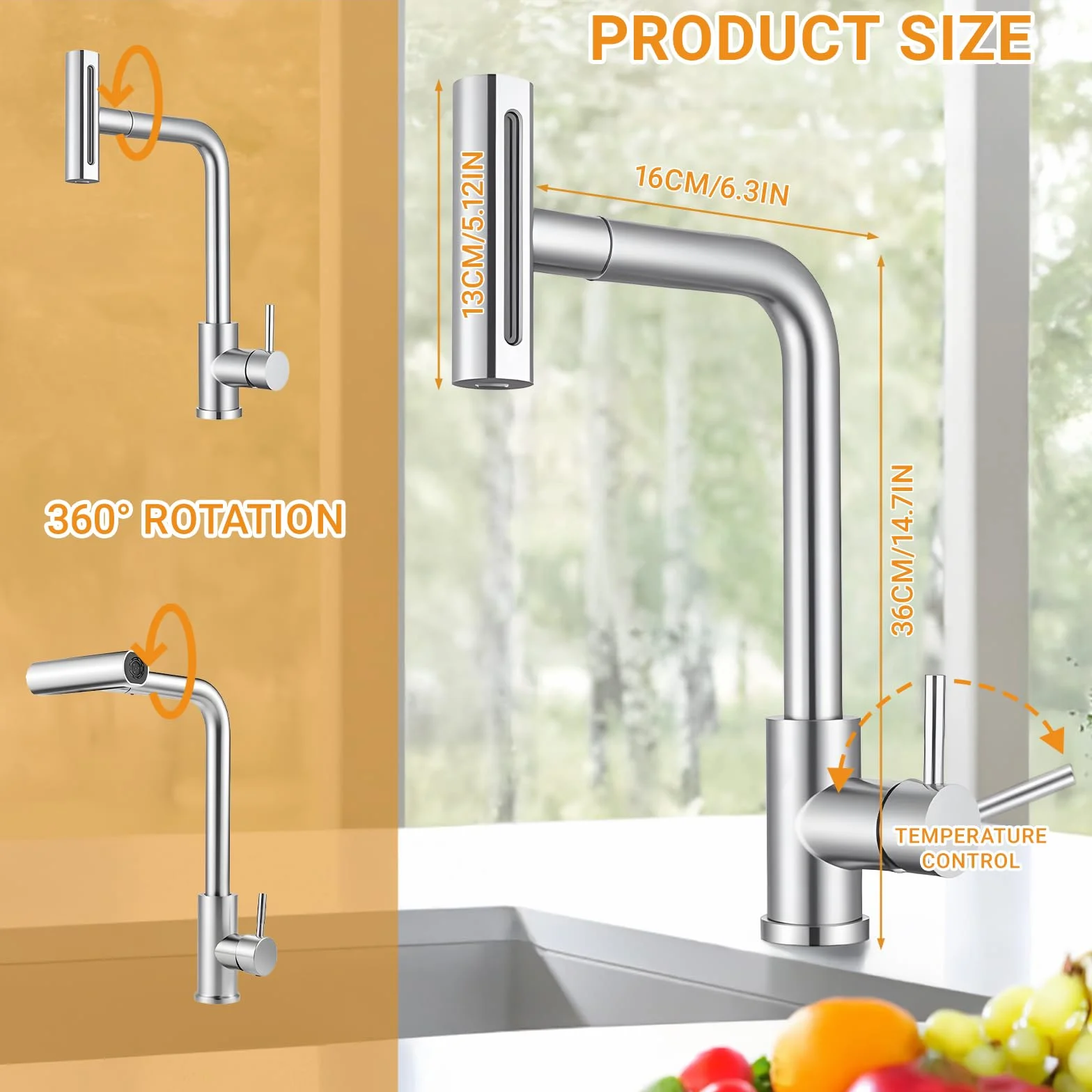 Grifo de Cocina con Cascada, Grifo Giratorio de Acero Inoxidable con 4 Modos de Chorro y Boquilla Extraíble