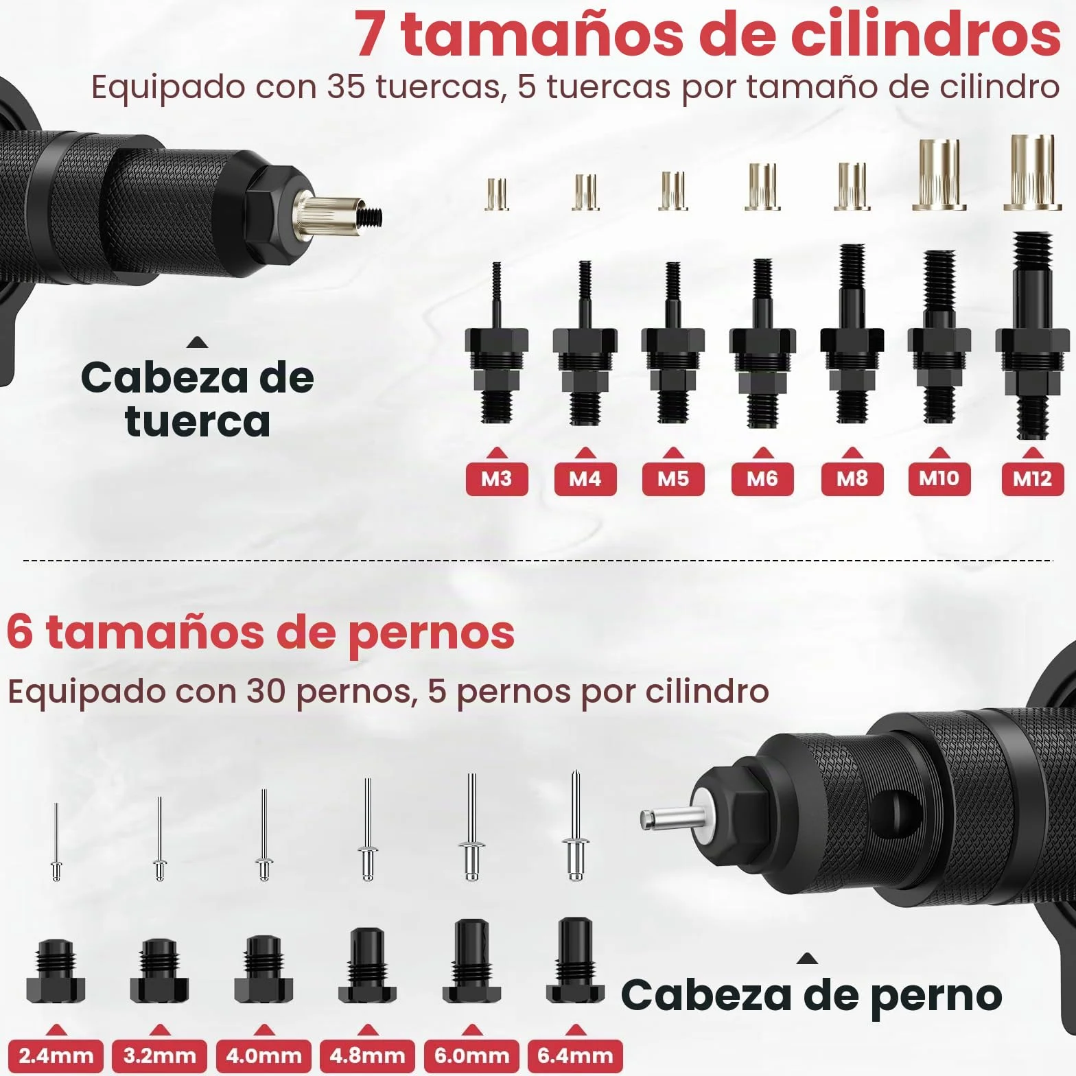Adaptador 2 en 1 para Remachadora para Taladro y Atornillador, Juego de Adaptadores Remachadora de Tuercas para Remaches 2,4-6,4 mm y Tuercas Remachadas M3-M12, accesorio profesional de remache