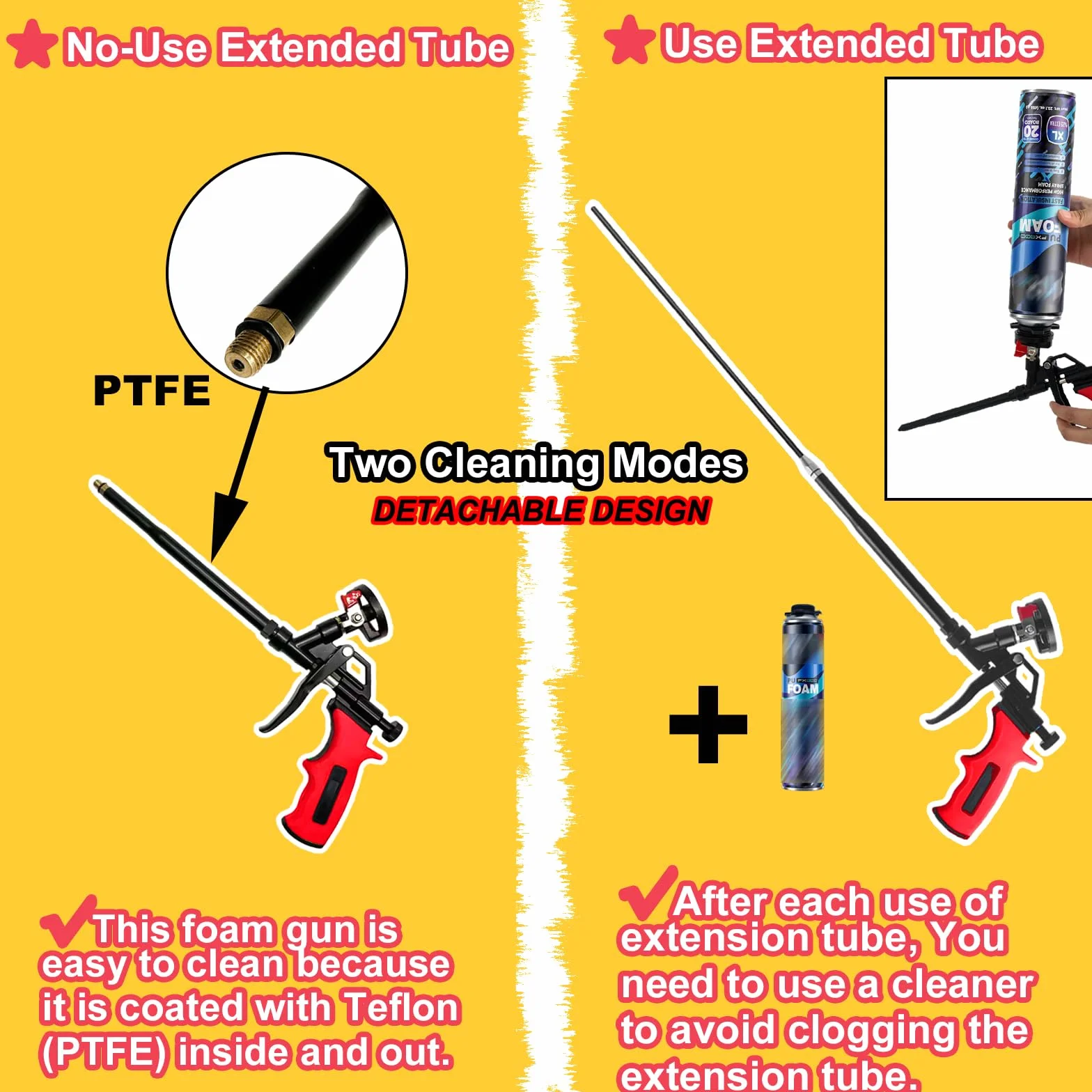 Pistola de espuma extensible 63cm - Cesta recubierta de PTFE antiadherente, pistola de espuma para aislamiento, pistola profesional para sellado, relleno, proyectos DIY (Roja)