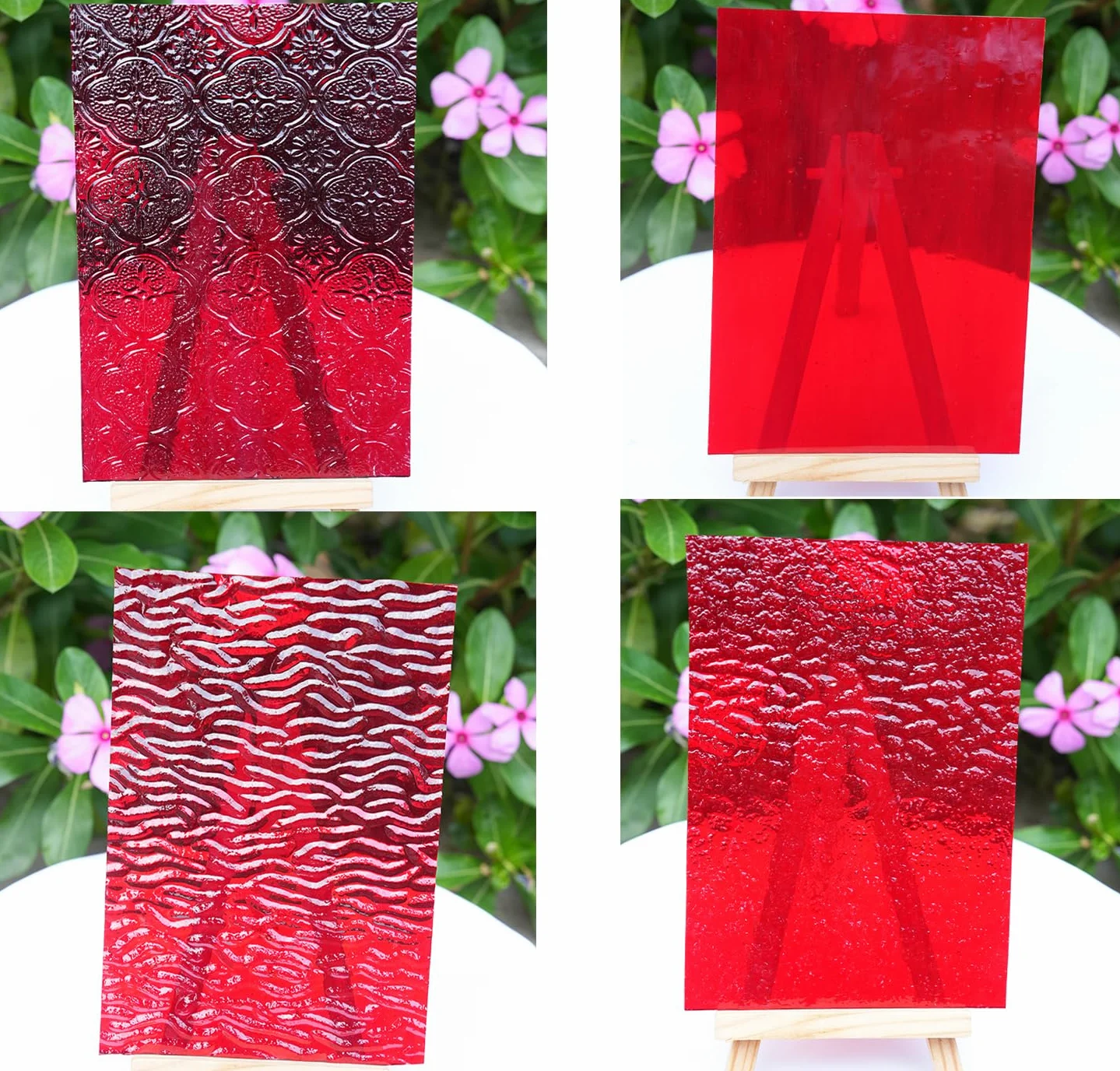 4 hojas de vitrales vibrantes para manualidades, 10 x 15 cm, vidrio de catedral texturizado de colores para mosaico de azulejos, manualidades, color rojo