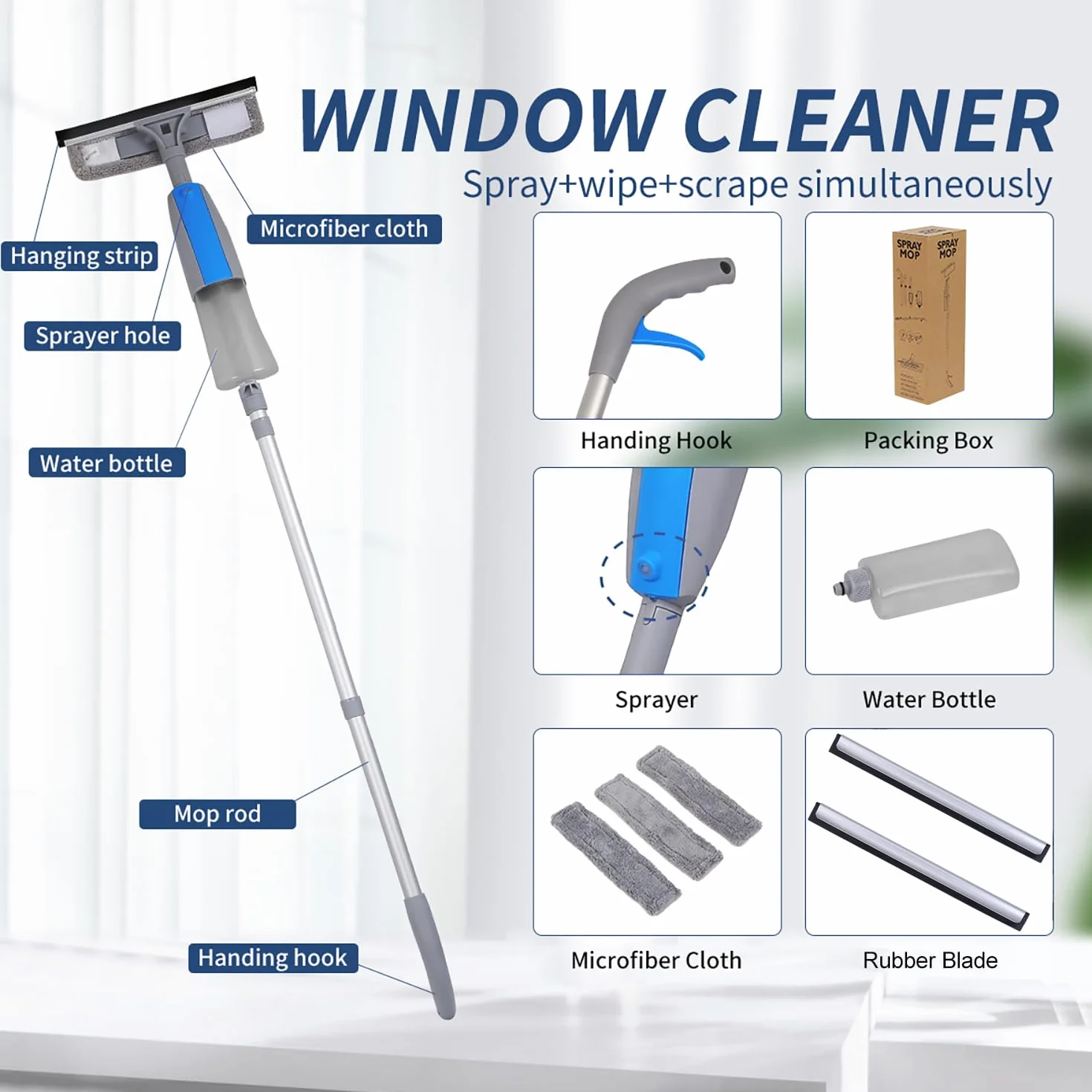 Herramienta Limpiacristales con Rociador, Kit de Limpieza 3 en 1 con Poste de Extensión, Rasqueta de Cristal Profesional de 190cm con 3 Paños de Microfibra para Automóviles y Ventanas Exteriores Altas
