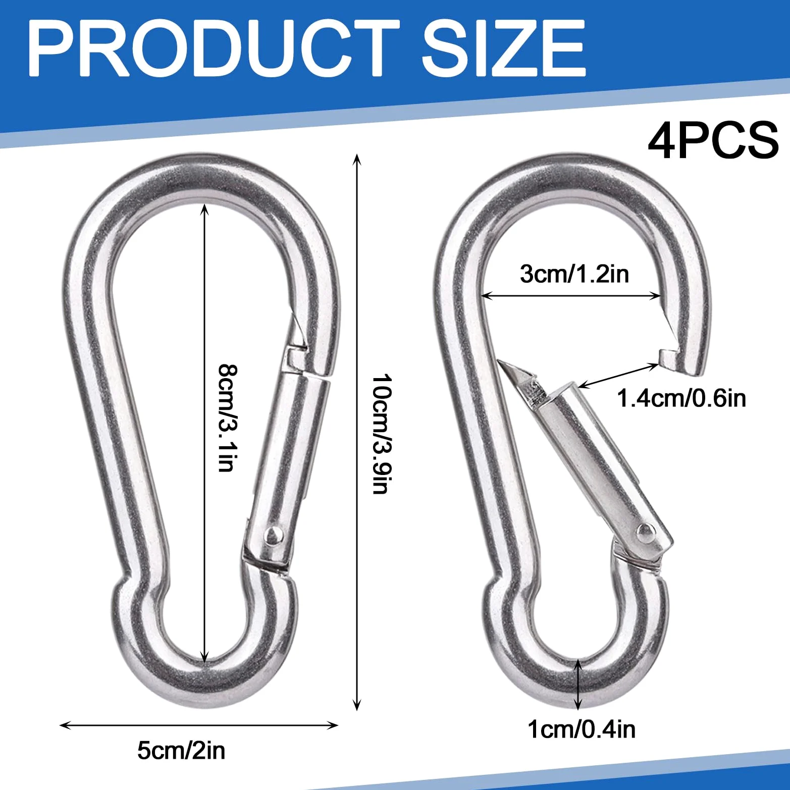 Pack de 4 Mosquetones M10 de Acero Inoxidable 100x10mm, Mosquetón de Alta Resistencia Carga Máx 270kg, Ganchos de Muelle para Columpios, Hamacas, Toldos, Gimnasio y Bricolaje