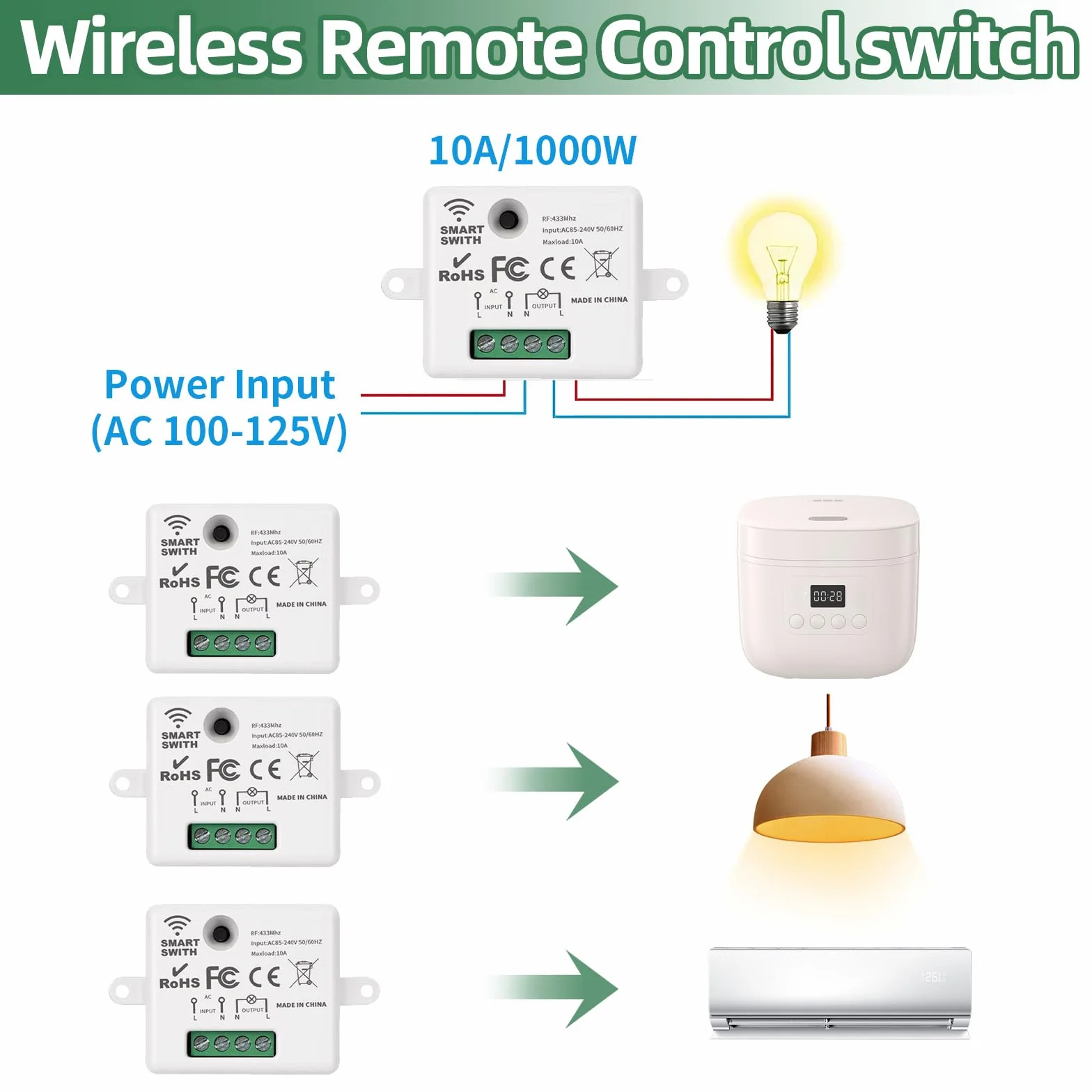 Interruptor de luz Inalámbrico, Interruptor Kit con Transmisor de RF y Controlador del Receptor 10A Fácil Instalación para Lámpara de Hasta 1500W, Control Remoto Alcance de 50M