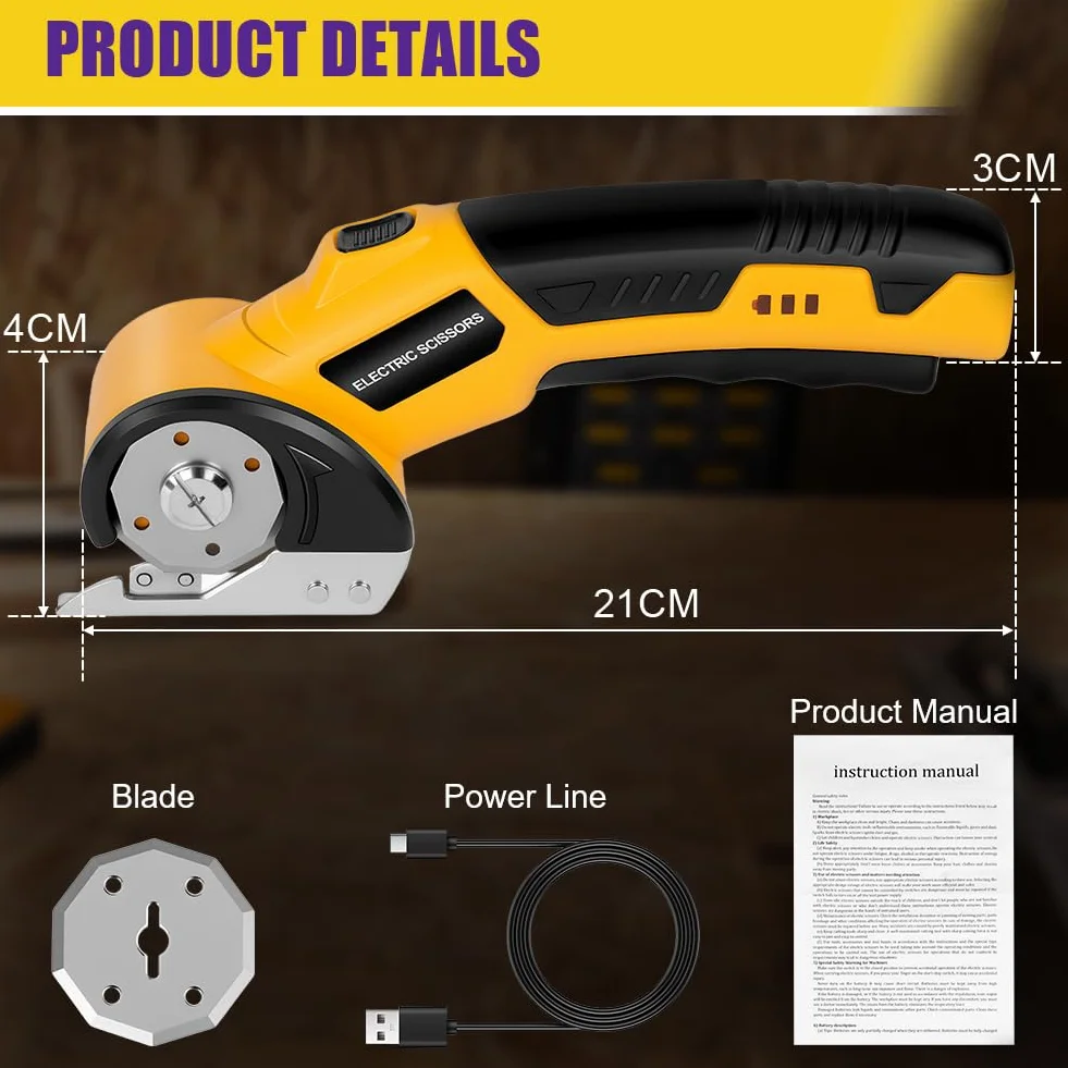 HOTUT Tijeras Eléctricas Sin Cable, Cúter Circular, Mini Cutter Eléctrico, Recargable Con Diseño De Corte Rotativo, Carga USB, Gatillo Extralargo, Luz LED,Cortador Alfombras Y Cartón