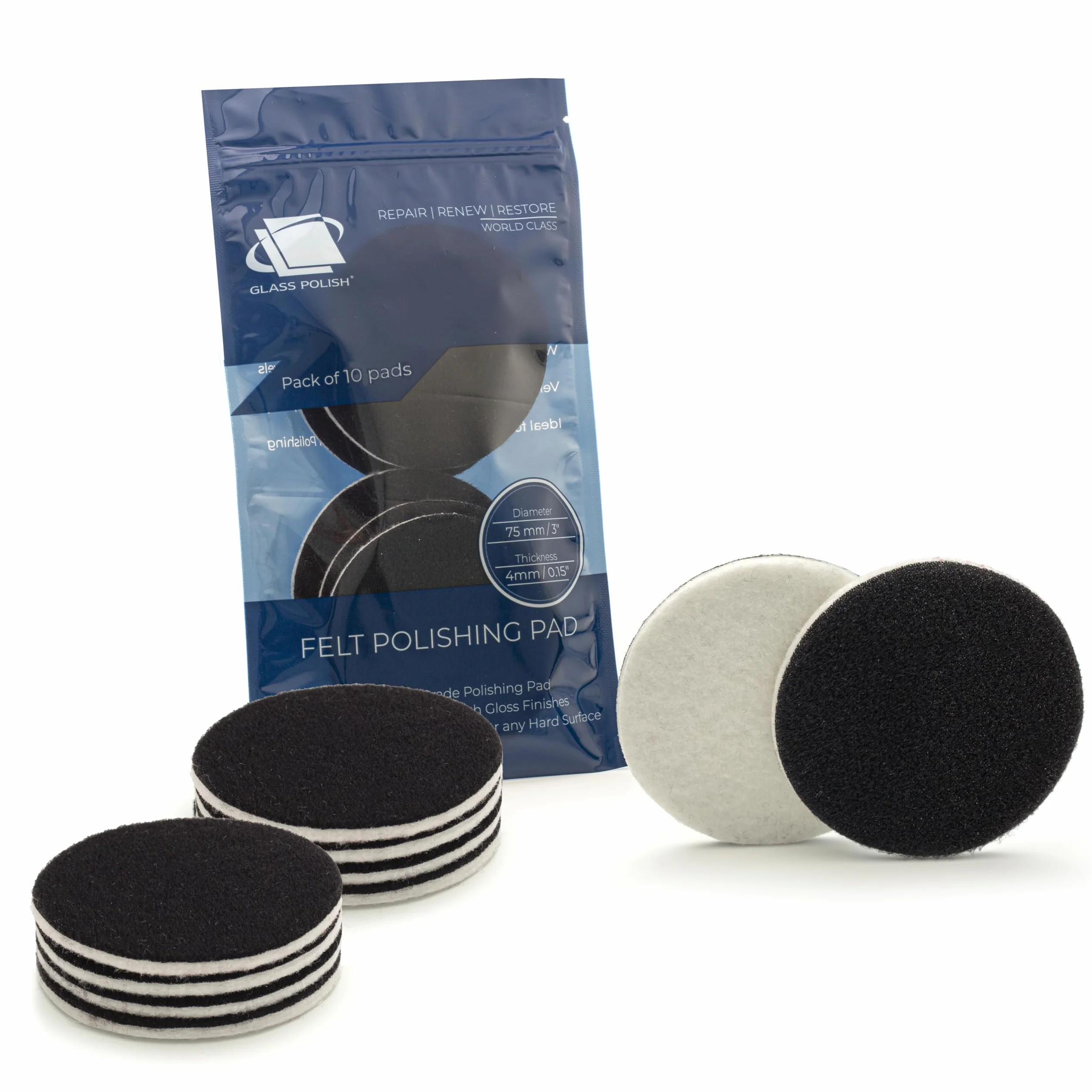 Glass Polish 11007 GP-PRO Discos de fieltro para pulir cristal, plástico, metal, mármol - Ø 75 mm - Pack de 10.