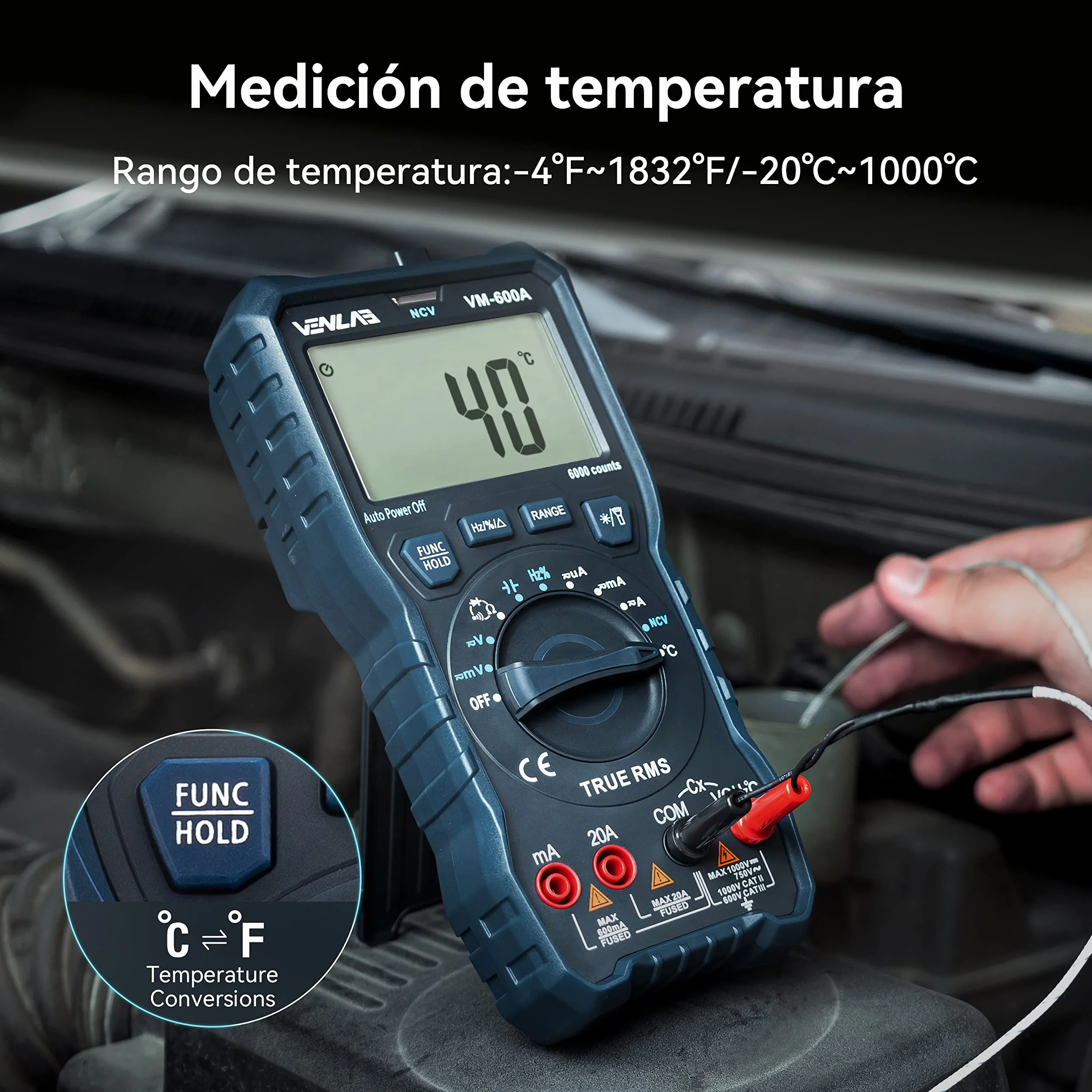 VENLAB Multímetro Digital TRMS 6000 Cuentas VM-600A Voltímetro CC/CA Resistencia Diodo Continuidad Capacitancia Temperatura