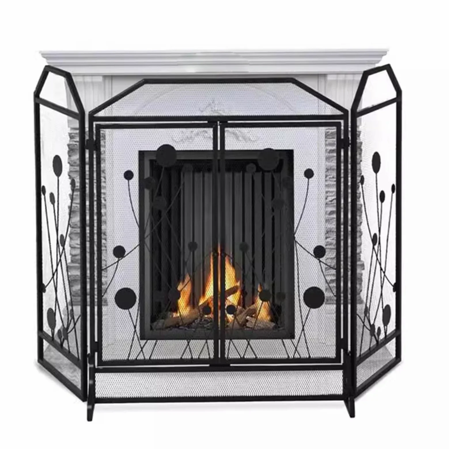 Salvachispas Chimenea Mampara de Chimenea Plegable de 3 Paneles con Puertas Dobles, Malla Protectora Negra para Estufa de Leña para El Hogar, Cubierta Moderna con Bisagras y Puerta a Prueba de Chispas