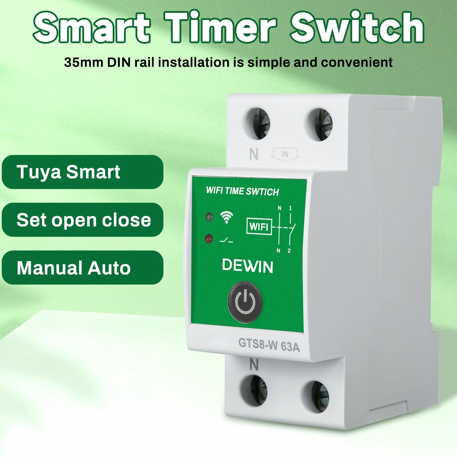 DEWIN WiFi Temporizador Inteligente, 2P CA 230V 63A Rele WiFi Interruptor Inteligente Tuya App Control Temporizador con Programación Instalación en Carril DIN GTS8-W