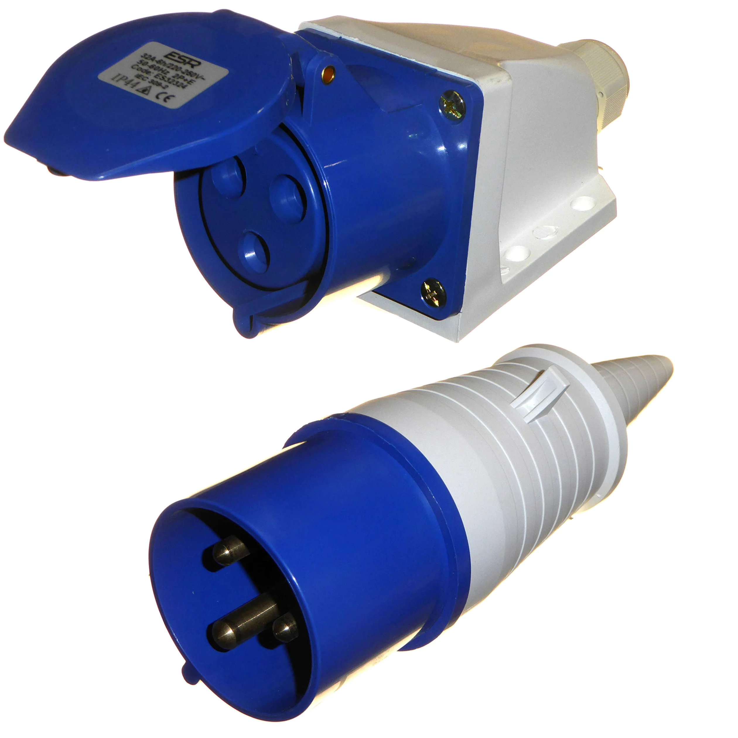 Toma de 3 Pines Con Toma de Superficie Monofásica 32A 230V IP44 2P+T Interior/Exterior Impermeable IEC Azul