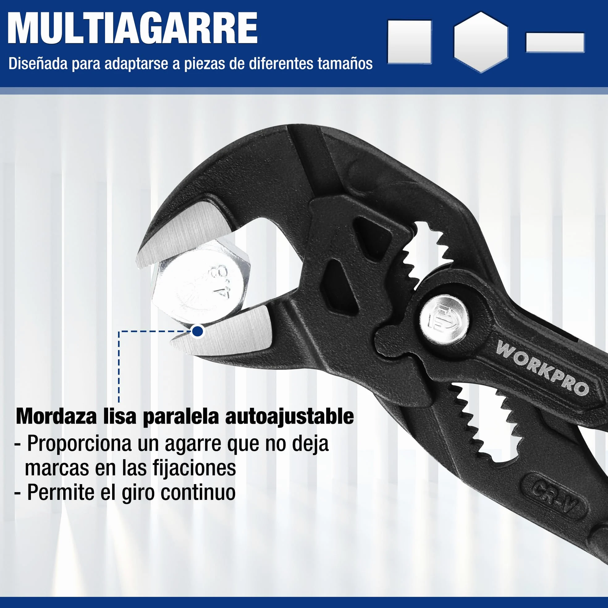 WORKPRO Tenaza Llave de 2 Piezas, 180mm/255mm, Juego de Llave de Alicate de Cr-V, Llave Ajustable, Tenazas con Mandíbula de Autoajuste, Apertura Máxima de Mandíbula 40mm/50mm