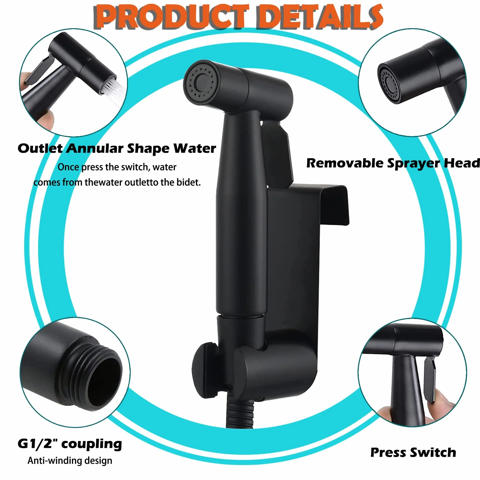 Kit Grifo Bidet Acero Inoxidable Ducha de Lavabo, Pulverizador Bidet Inodoro de Mano con Manguera WC, Soporte Grifo de Bidet para Limpieza de Inodoros, Limpieza de Mascotas (Negro)