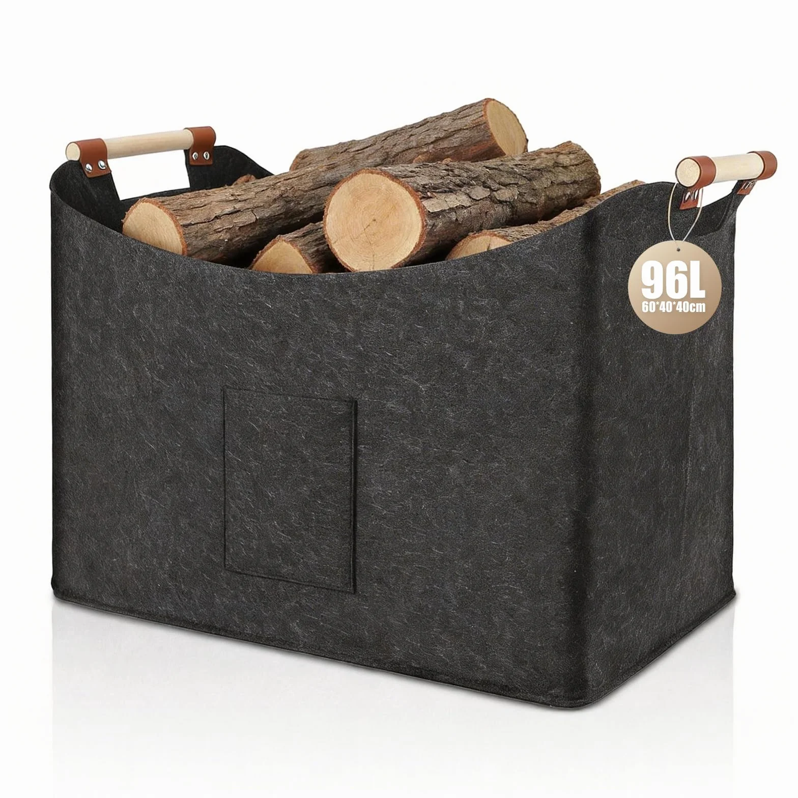 Cesta Plegable para Leña de 96 L, Fieltro Extragrueso, Mango Reforzado, Negro