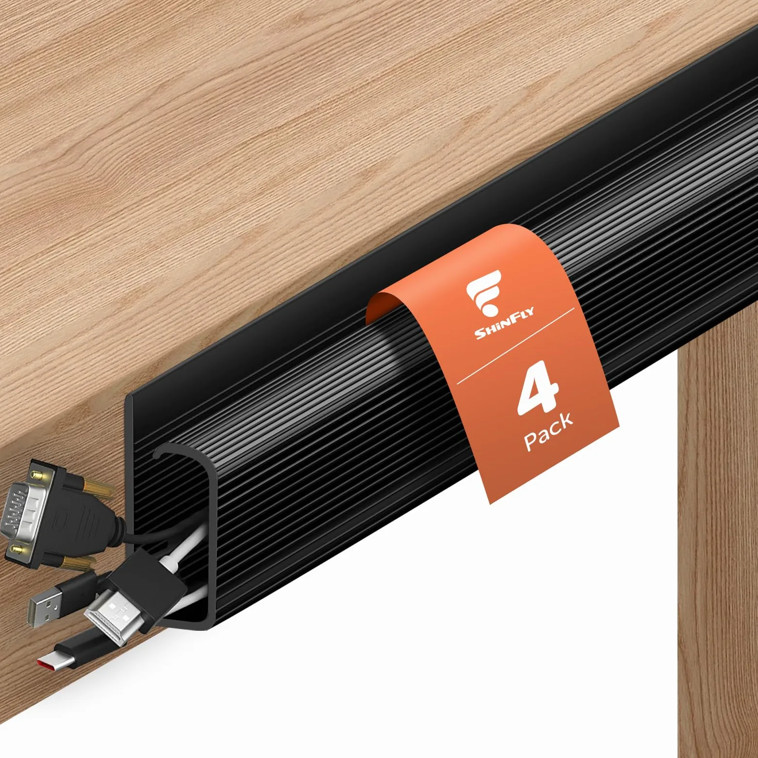 shinfly Canaleta para Cables de Escritorio, 4-Pack Canaleta Adhesiva Negra, Gestión de Cables Bajo Escritorio, Organizador de Cables en Forma de J para Portátiles