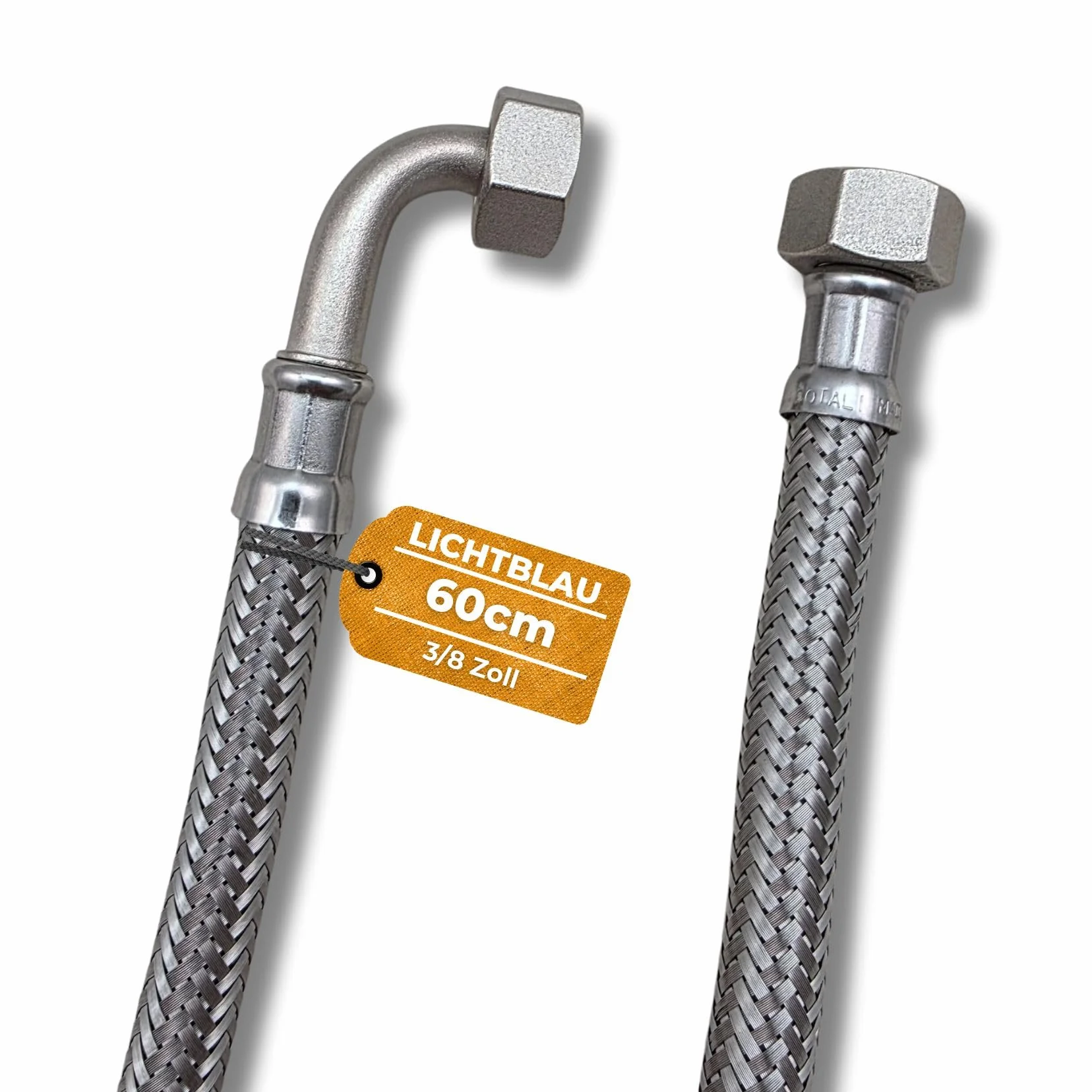 LICHTBLAU Manguera de acero inoxidable resistente a dobleces, 60 cm, 3/8 pulgadas, con ángulo de 90°, adecuada para agua potable, válvula de esquina, grifo de cocina, baño, inodoro y cisterna