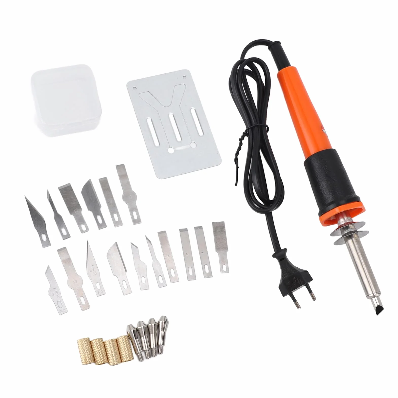 Qcwwy Cortador de Espuma con Cuchillo Caliente, Cortador de Plantilla Multiusos con 4 Fundas para Portabrocas, 16 Cuchillas y Soporte de Metal, Precalentado 5 Minutos hasta 400 ℃ (Enchufe europeo