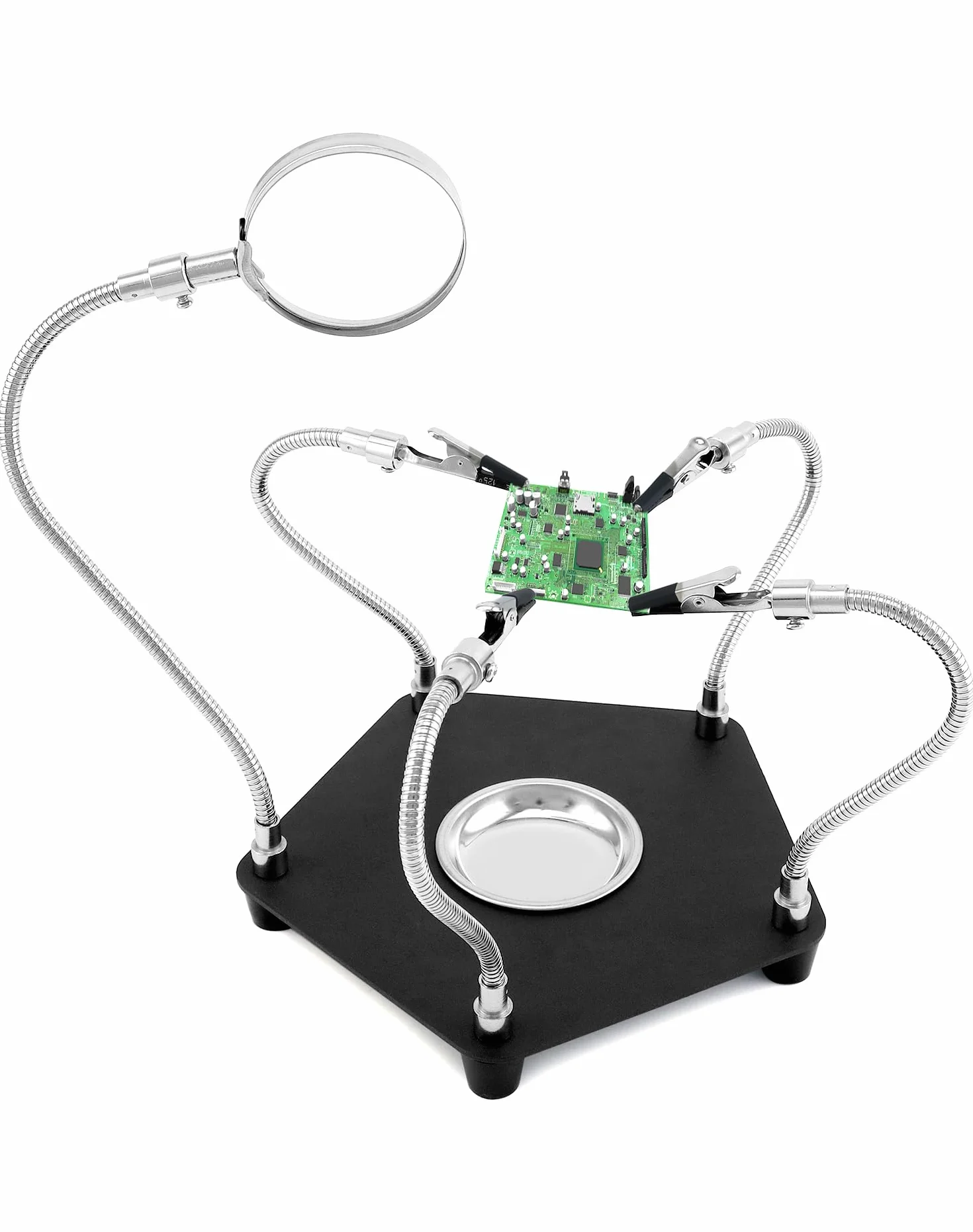 QWORK® Estación de soldadura de tercera mano con lupa 3X y 4 brazos flexibles, ayuda para soldar para electrónica, joyería, manualidades y más