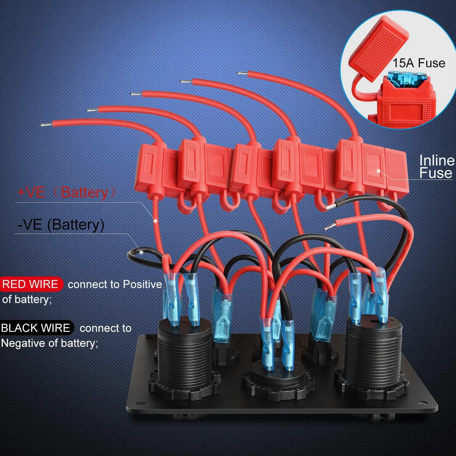 Greluma 1 Pieza Panel de interruptores basculantes 5 posiciones con interruptores automáticos,fusible línea de 15A,voltímetro digital,cargador USB y toma de encendedor 12V para barcos,automóviles