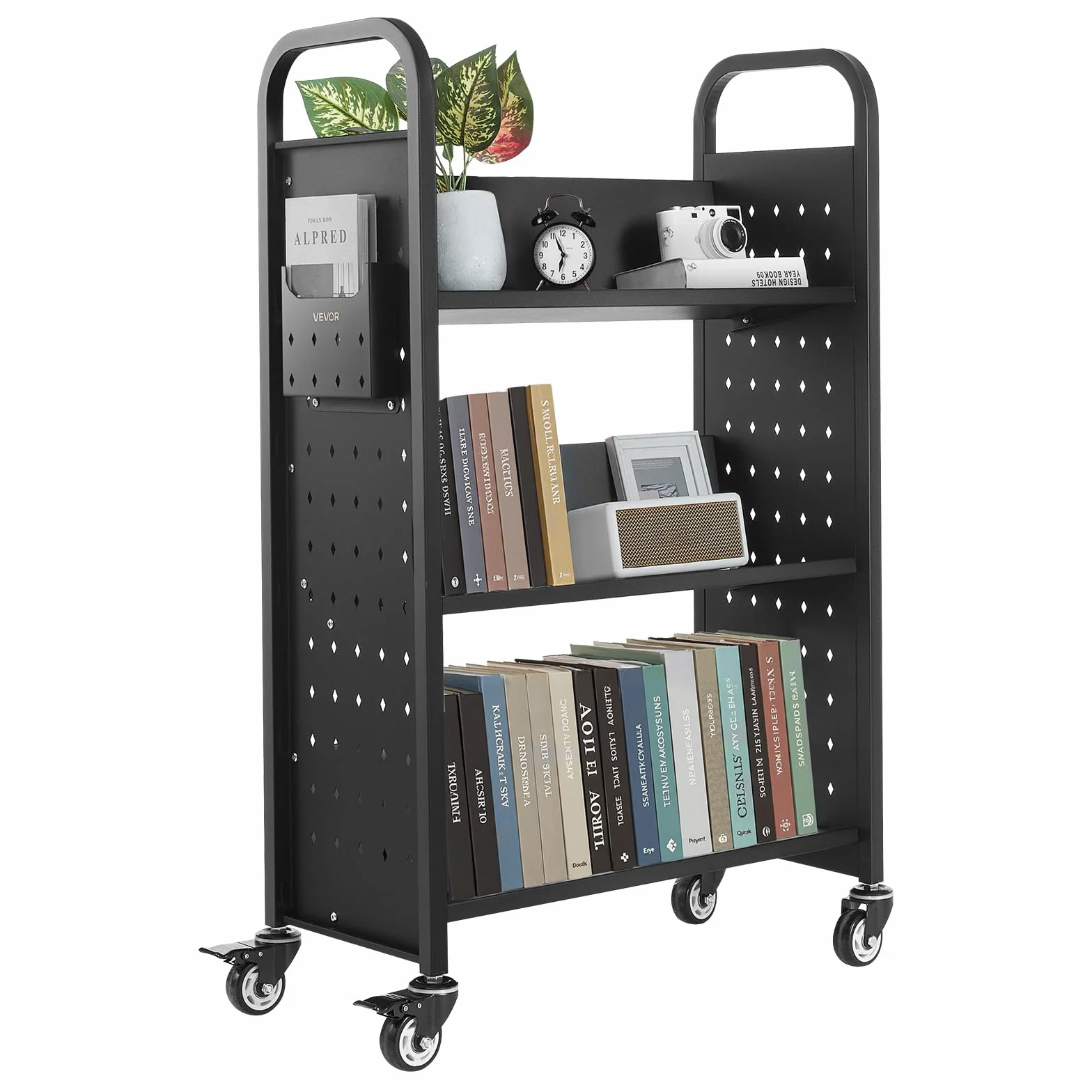 VEVOR Carro para Libros de 3 Niveles Estantería de Libros con Ruedas 77 x 38 x 122 cm Estante de Almacenamiento en Forma de V Carro Rodante para Biblioteca, Librería, Oficina, Escuela, Negro